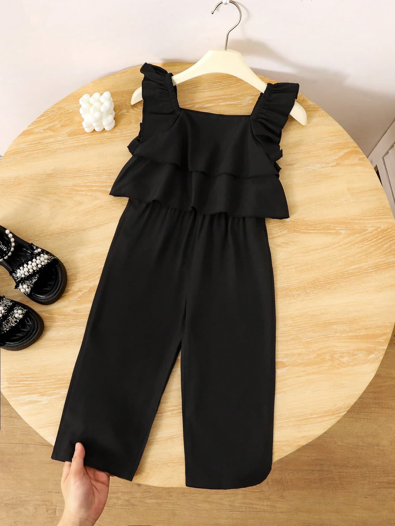 Genkimix Kids Young Girls Ruffled Layered Casual Long Pants,Suitable For Vacation,Summer Girls Outfit Sets Black