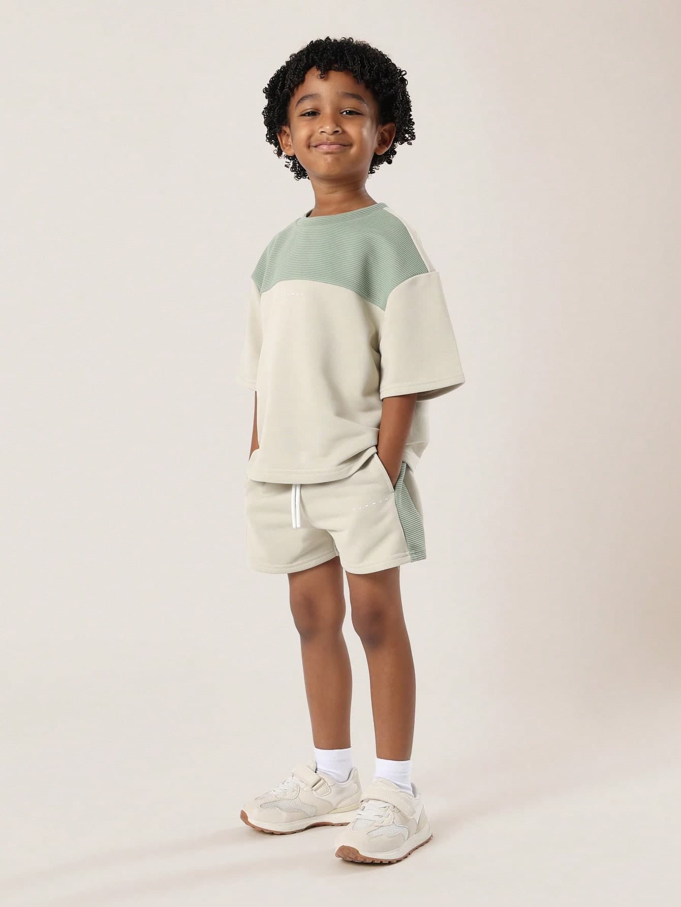 SUMWON Premium Kids Two Piece Ribbed Panel T-Shirt Shorts Set Active Wear Summer Spring Casual Sports Athletic Set Wear Vacation