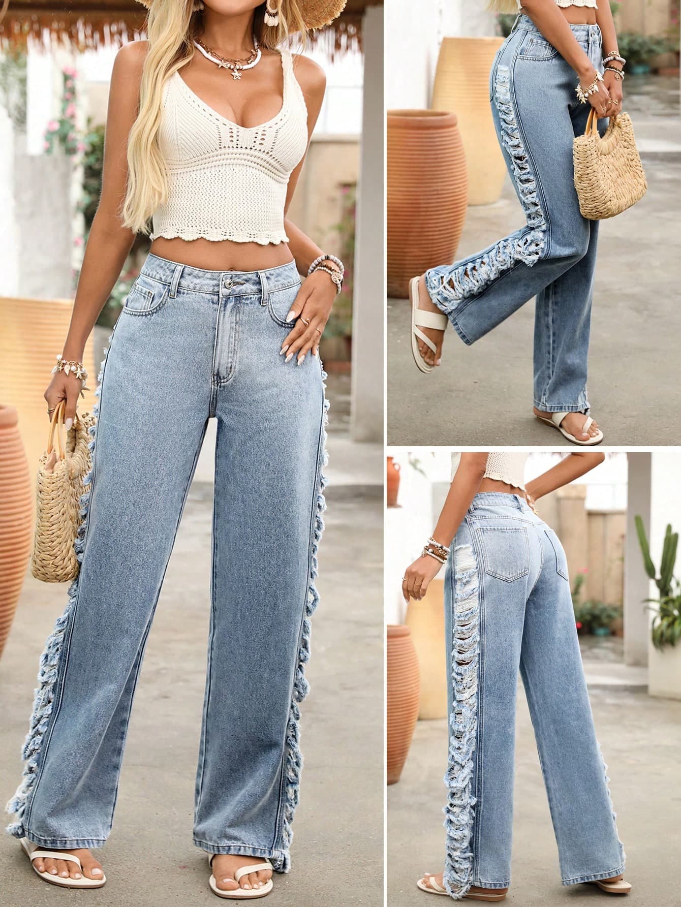 Breezaya Women's Casual Pocket Ripped Straight Loose Fit Versatile Jeans