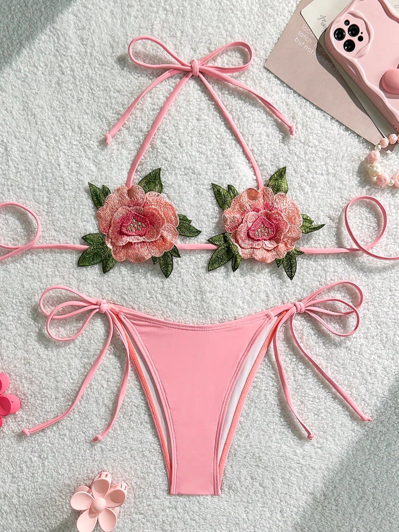 Swim SXY Women's Pink Micro Triangle Cup Water-Soluble Embroidered Plum Blossom Decor Tie-String Panty 2-Piece Set Summer Tropical Beach Holiday Vacation