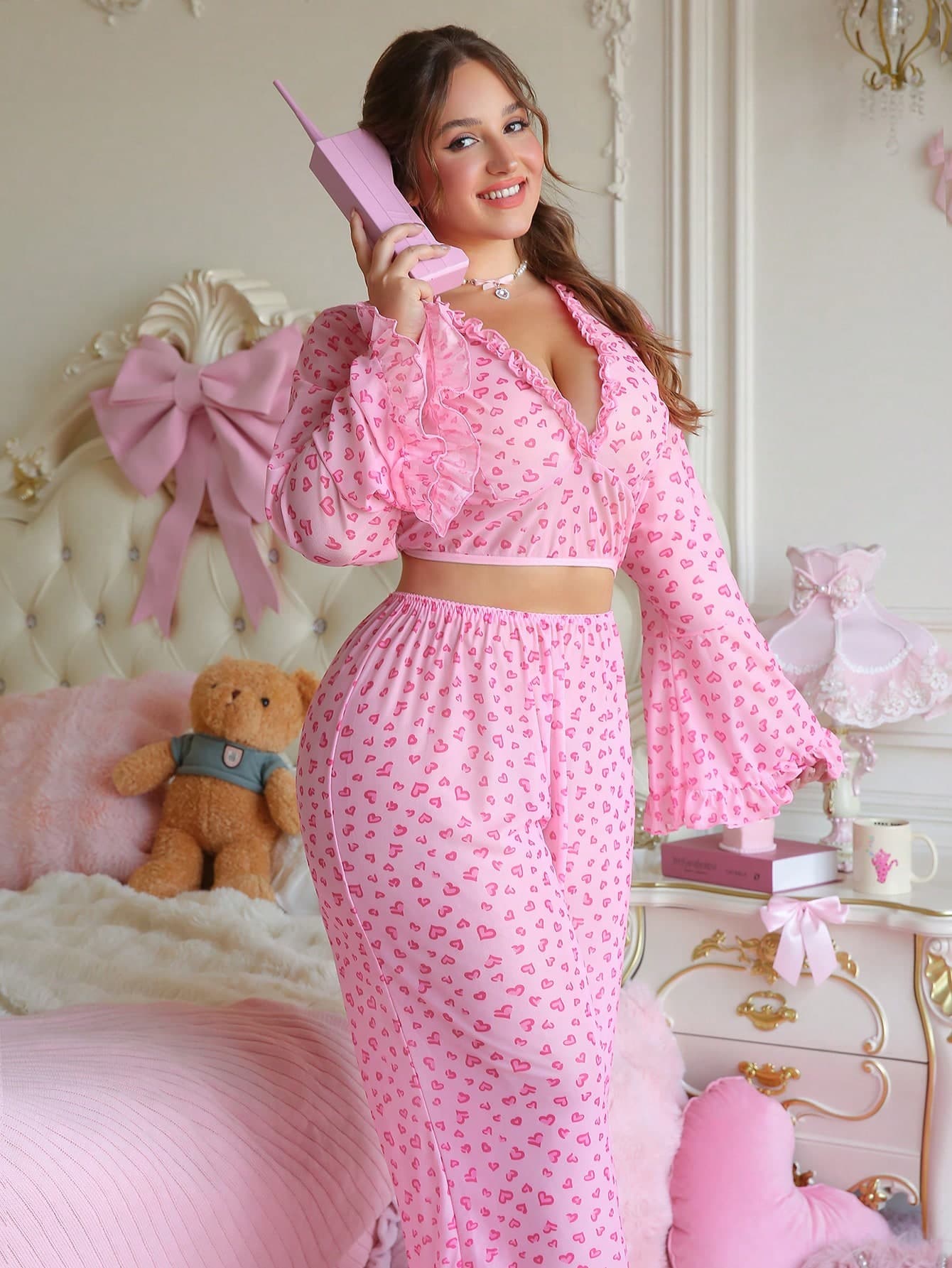 PetitDoll 2pcs/Set Plus Size Sexy Heart Print Mesh Flare Sleeve Lingerie Set