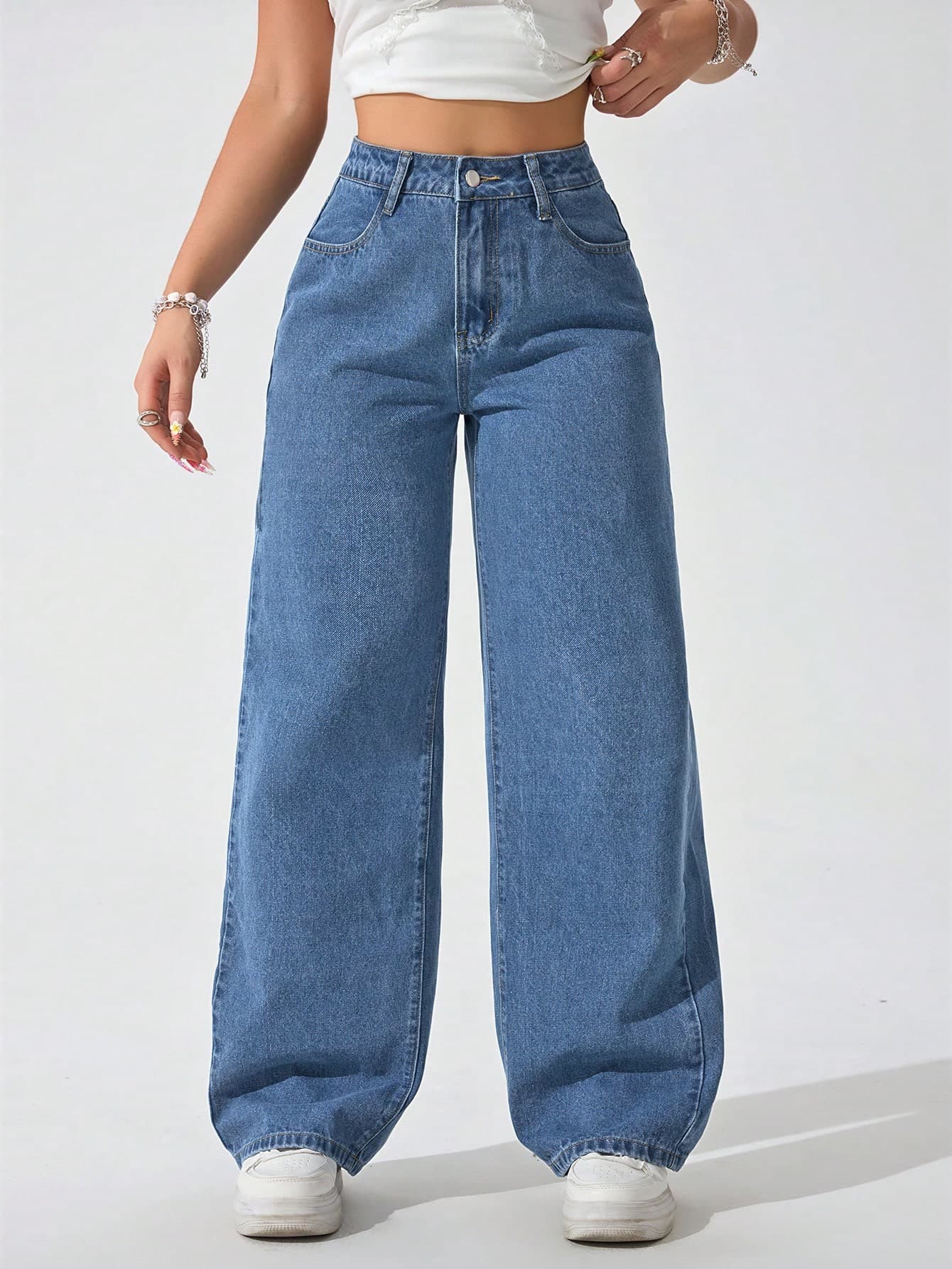 SHEIN PETITE Women's Loose Fit Pocketed Wide Leg Casual Versatile Denim Pants ,Petite Women