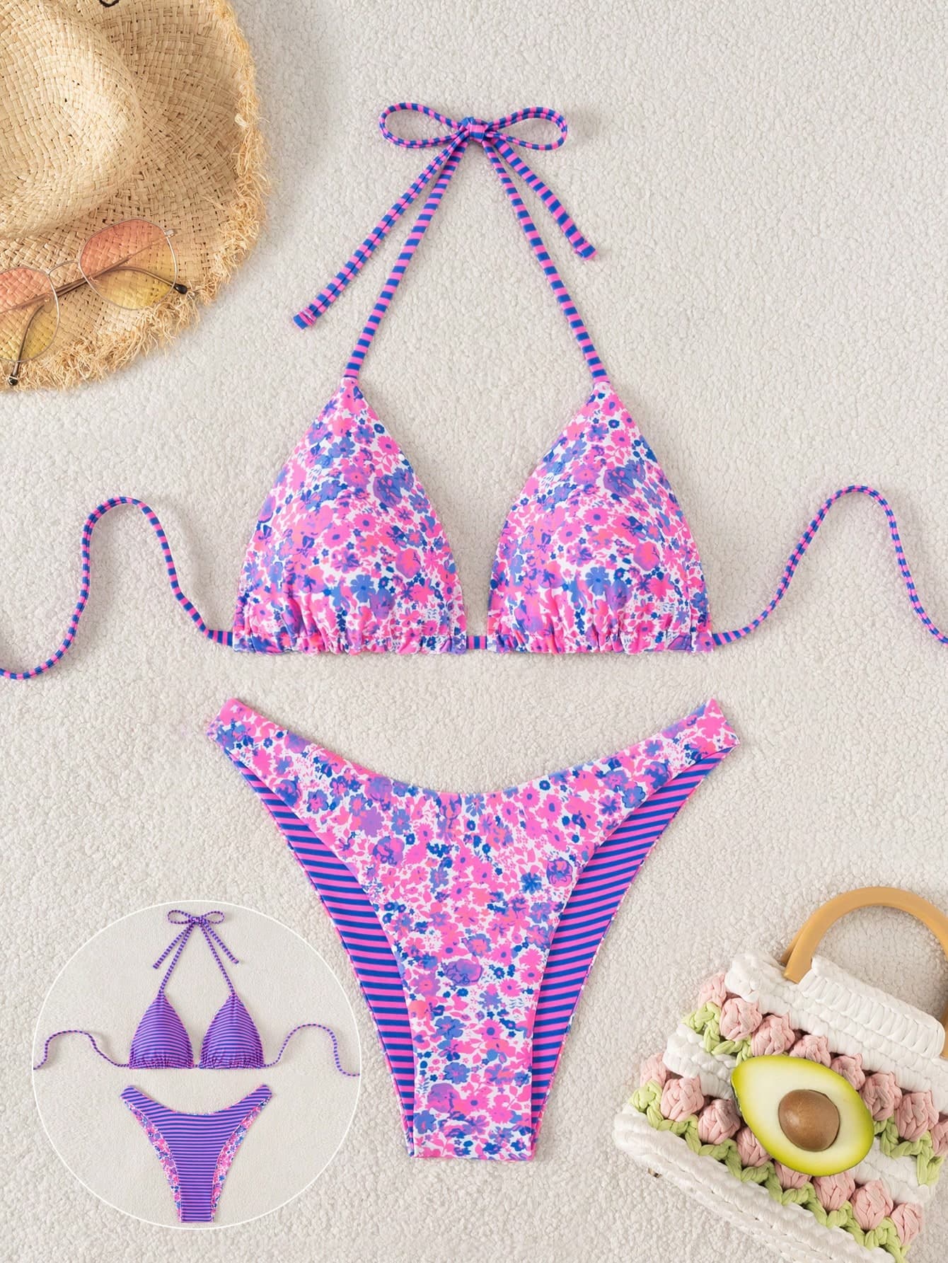 Swim Mod 2pcs/Set Women Casual Random Print Reversible Halter Neck Top And Cute Shorts Bikini Set For Holiday Beach For Summer Beach Vacation