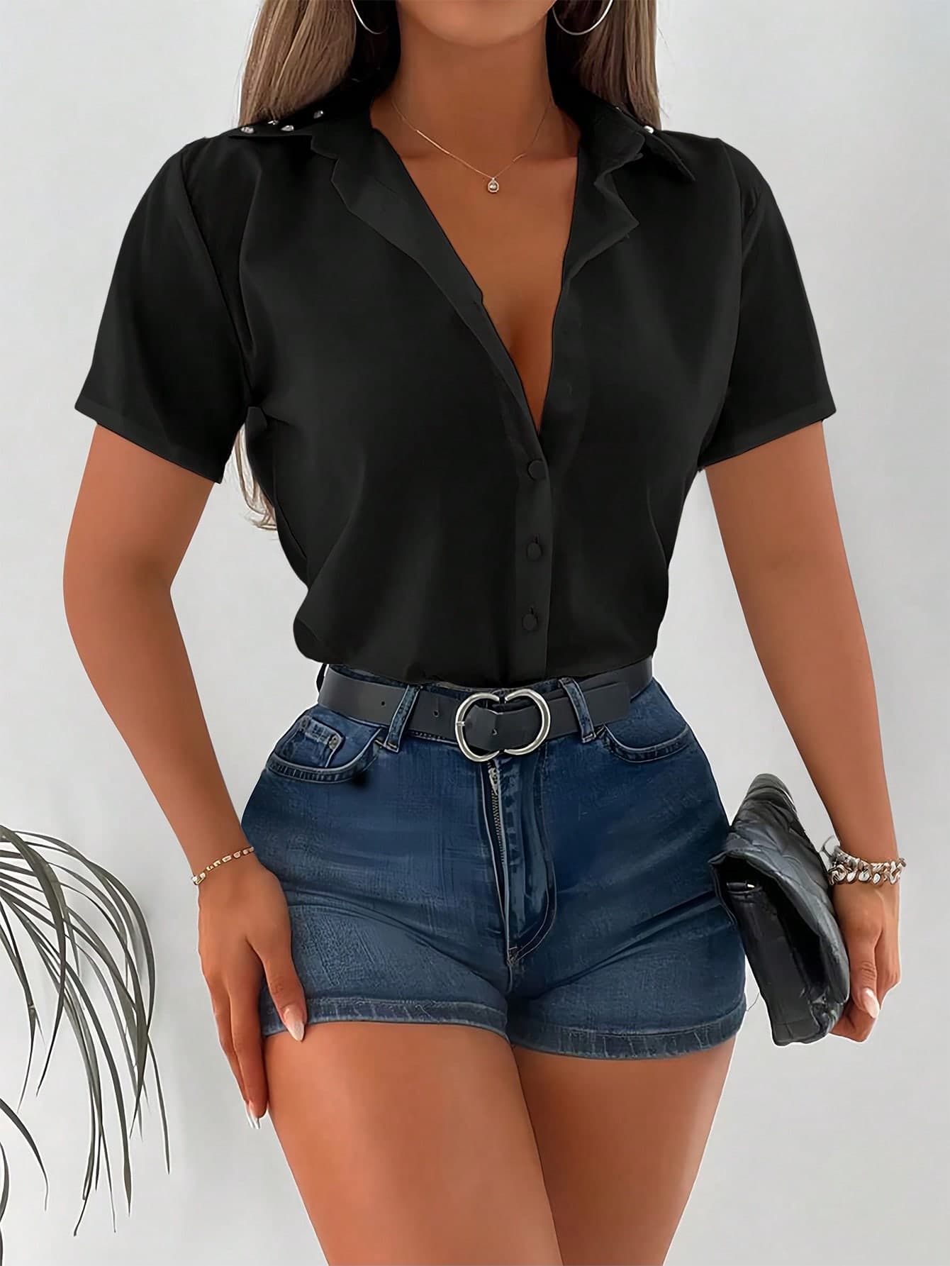 INAWLY Women's Solid Color Short Sleeve Single-Breasted Rhinestone Casual Shirt
