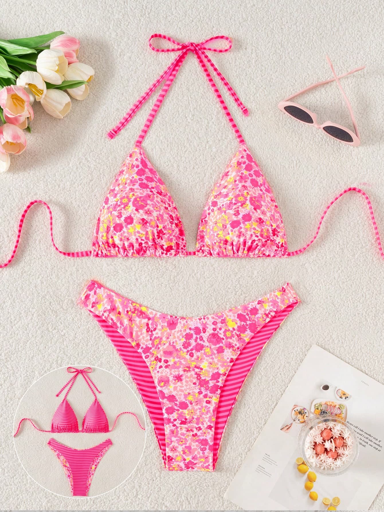 Swim Mod 2pcs Women's Cute Random Reversible Print Halter Top And Adorable Bottoms Bikini Set, Beach/Holiday For Summer Beach Vacation