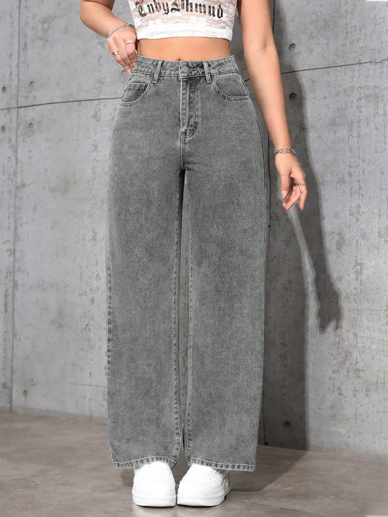 SHEIN EZwear Casual Relaxed Straight Leg Washed Denim Jeans