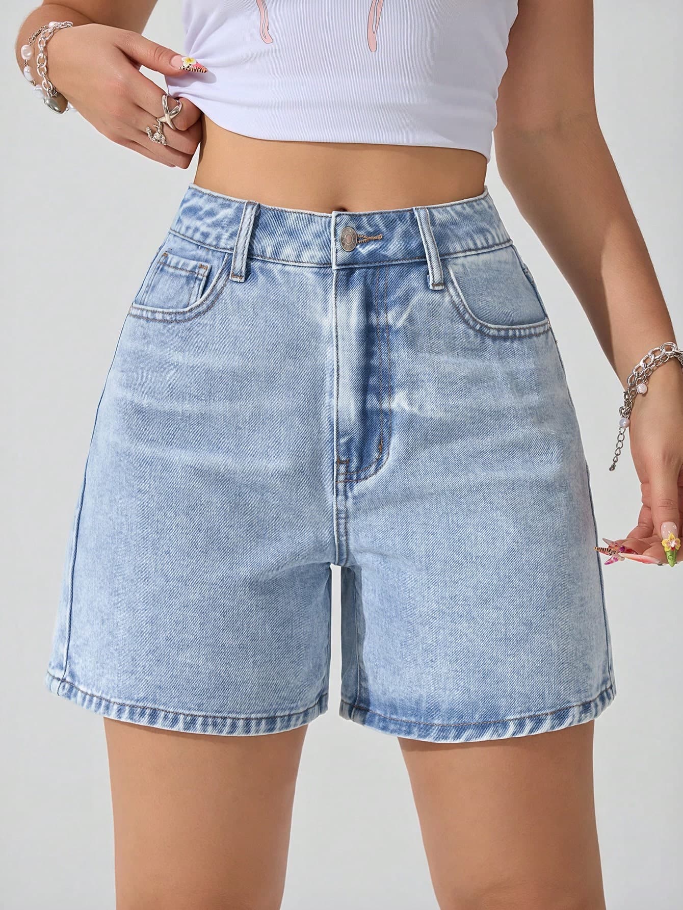 SHEIN ICON Women's Solid Color Pocket Casual Denim Shorts Y2k
