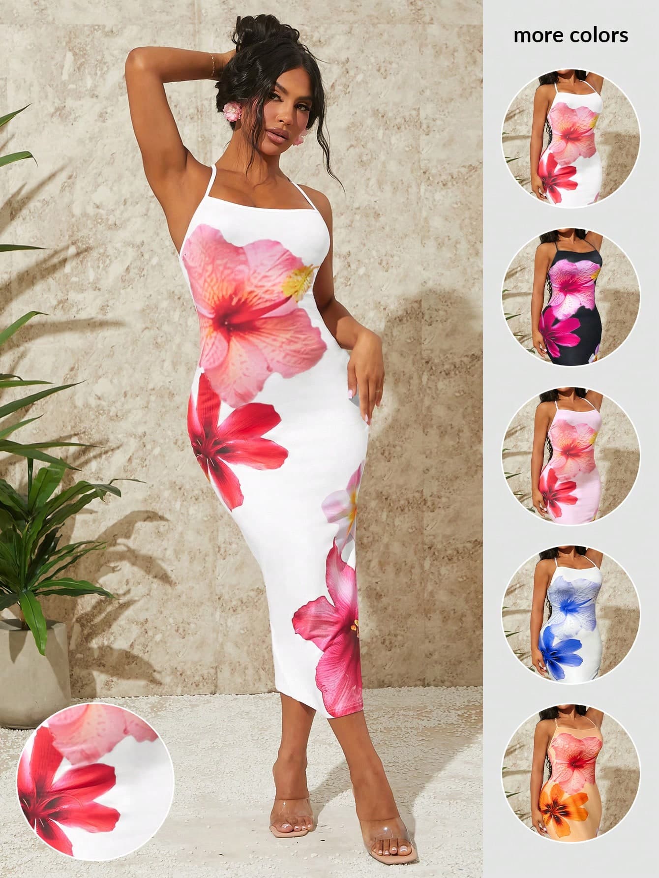 SHEIN SXY Knit Backless Criss-Cross Floral Print Long Dress, Bodycon Fit For Summer Resort, Vacation Outfits Women,Summer Dresses For Women