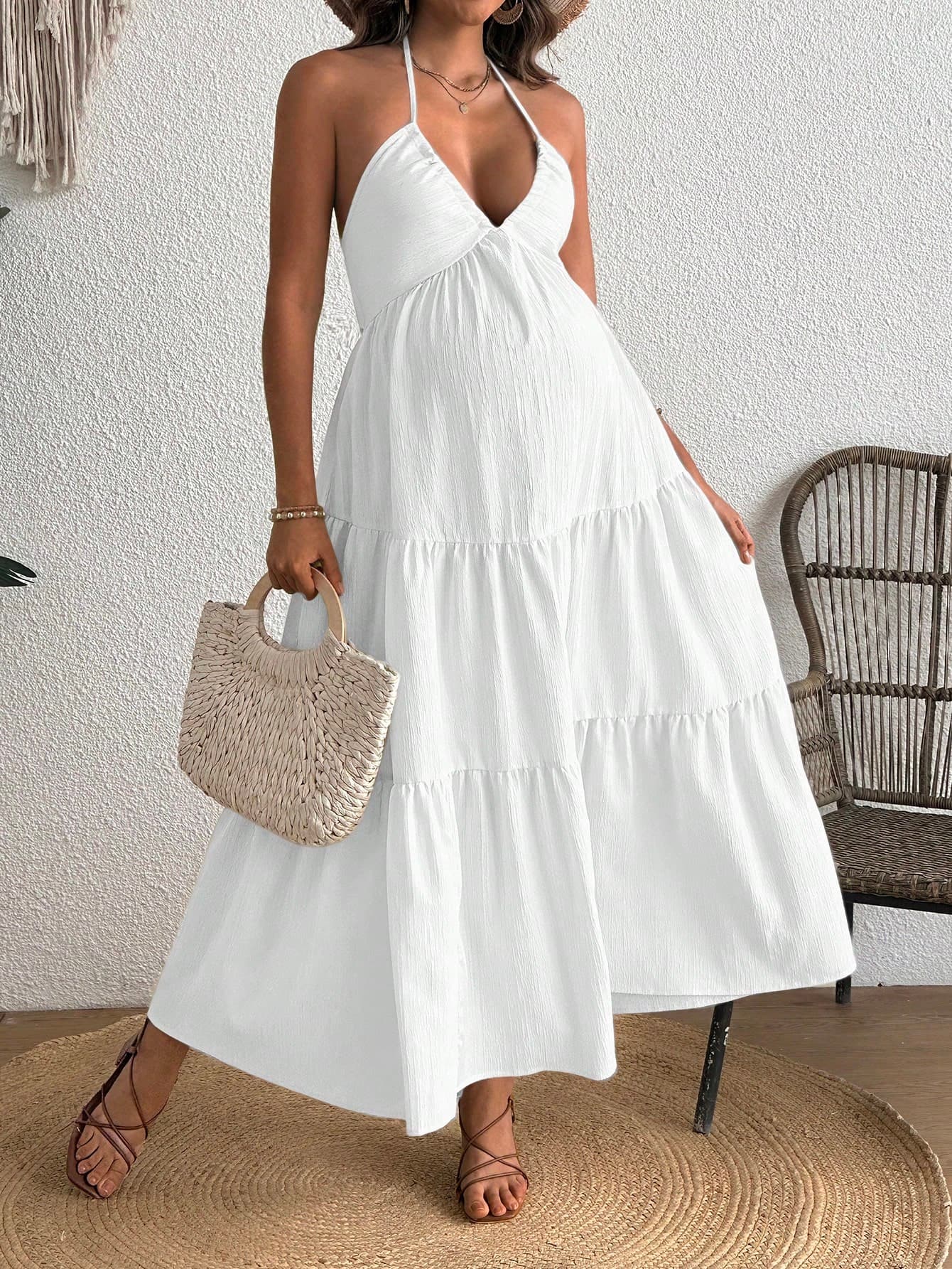SHEIN Maternity Comfortable Halter Backless Ruffle Hem Sleeveless Dress
