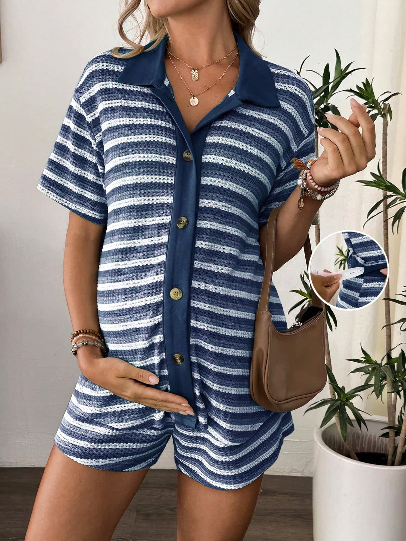 SHEIN 2pcs Maternity Set: Gradient Striped Short Sleeve Shirt And Elastic Waist Drawstring Shorts