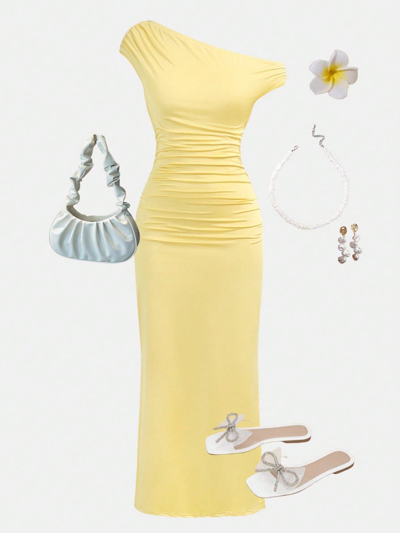 SHEIN Girlism Teen Girls Yellow Knitted Asymmetric Shoulder Ruched Waist Fitted Snug Fit Dress, Casual & Elegant