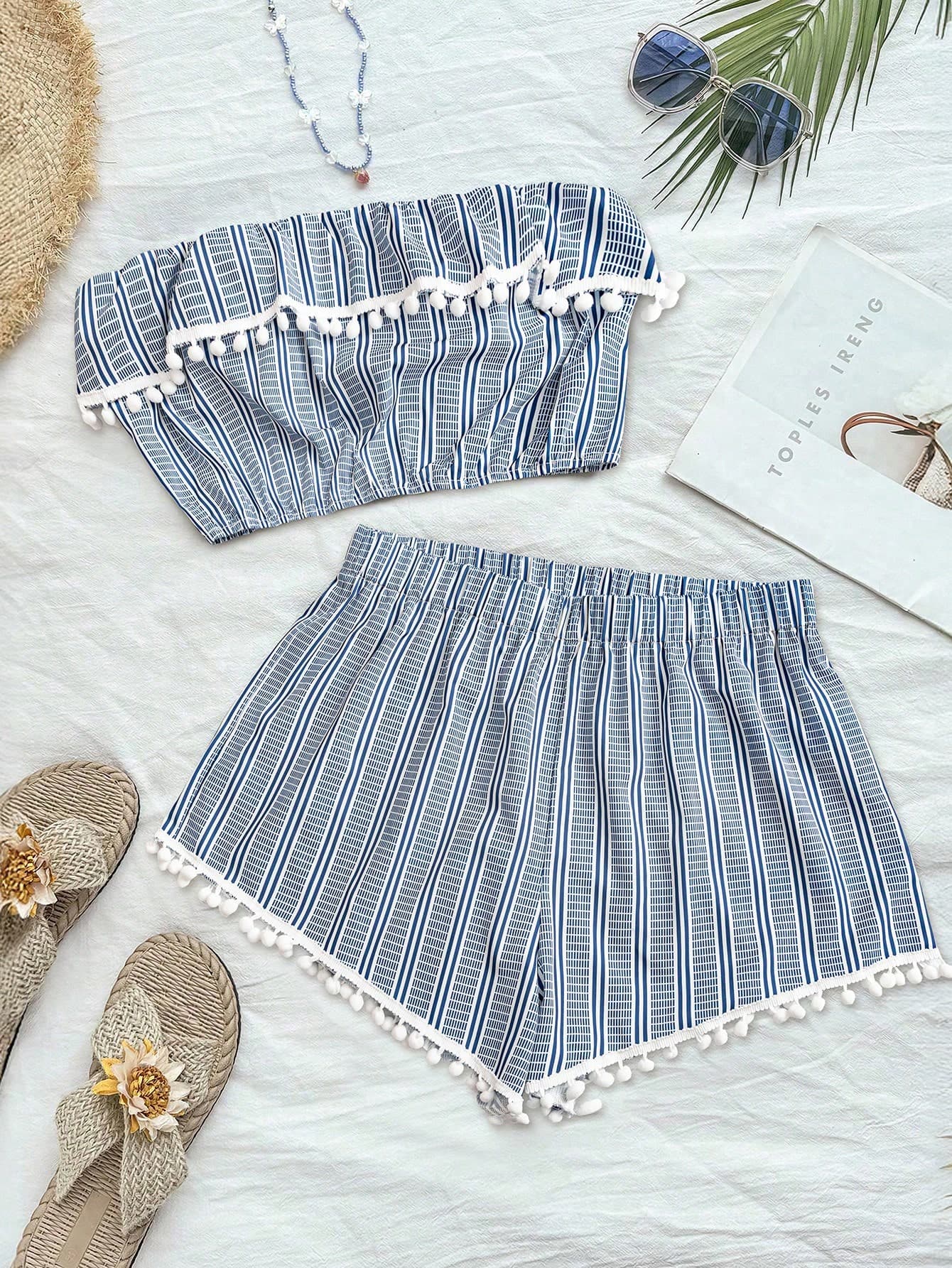 Flirla Plus Size Women Stripe Flounce Hem Jumpsuit And Shorts Set