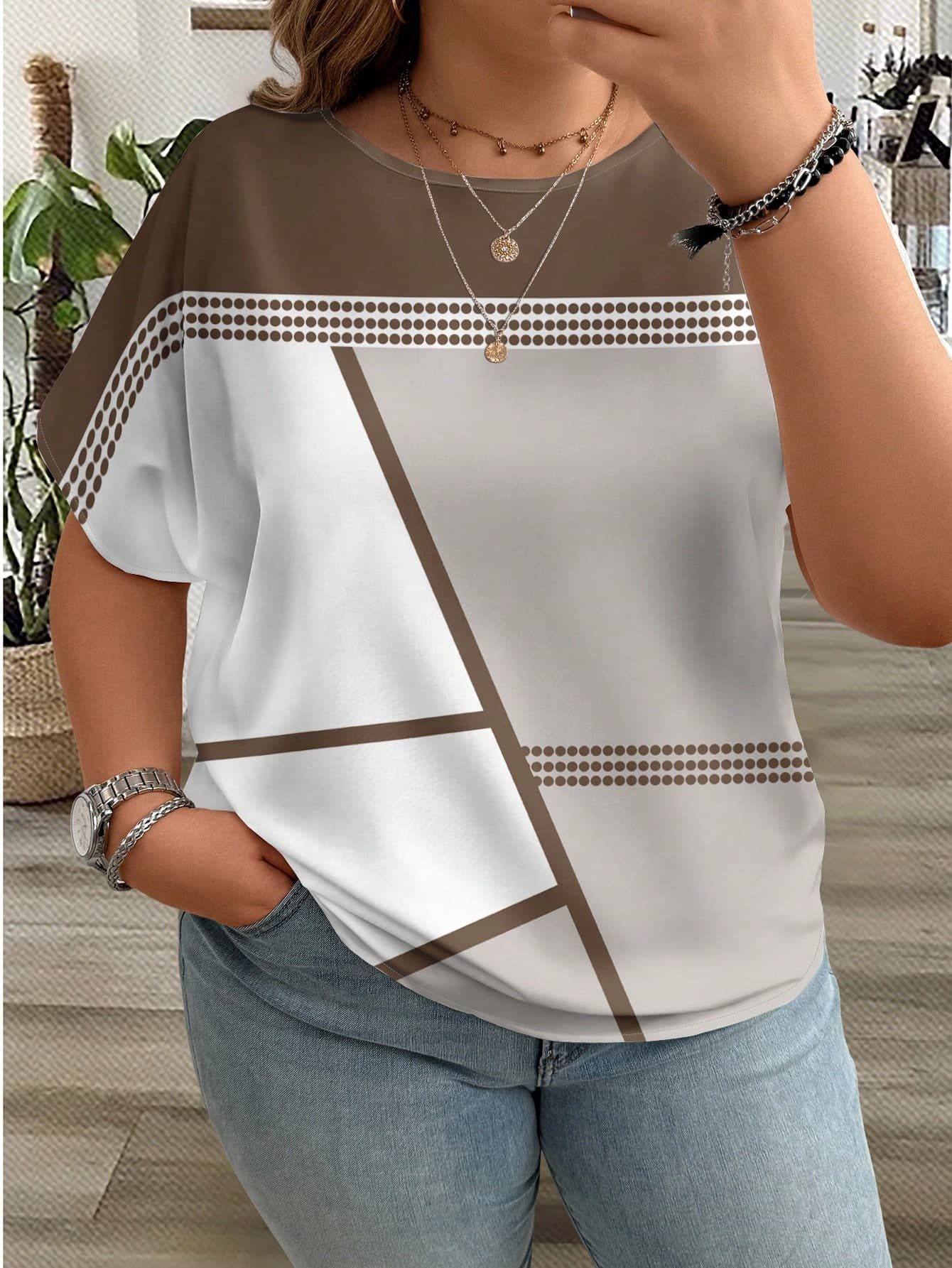 EMERY ROSE Casual Patchwork Pattern Round Neck Short Sleeve Shirt For Plus Size, Spring Autumn, For Summer Suitable For Going Out Chic Blouses For Women
