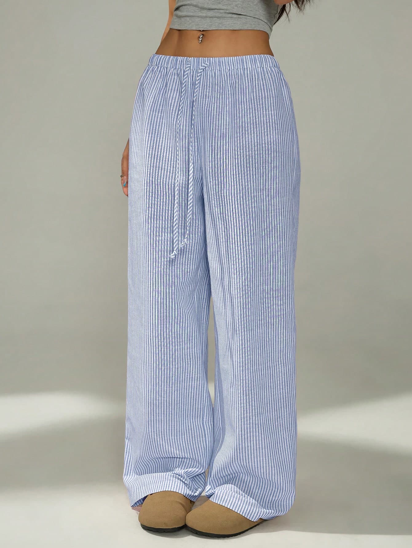 SHEIN PETITE Petite Ladies Pink And White Casual Home Striped Trousers Suitable For Spring And Summer,Cargo Pants