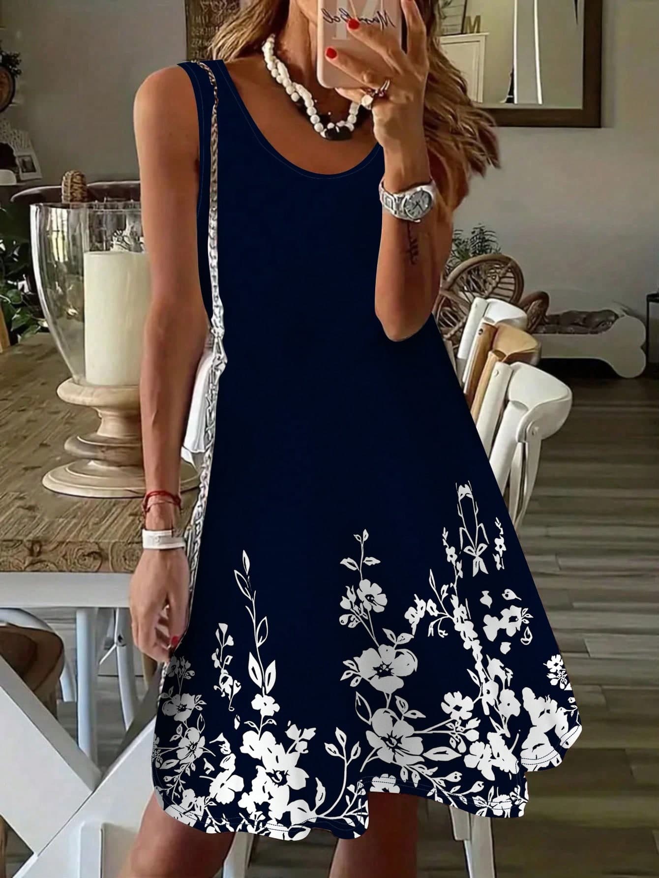 EMERY ROSE Plus Size Navy Blue Floral Print Comfortable Casual Dress