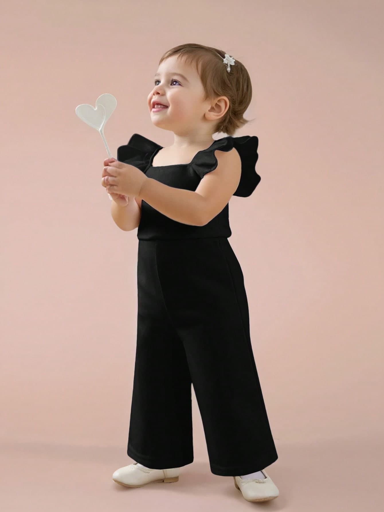 SHEIN Baby Girl Cute Summer Black Splice Organza Ruffles Jumpsuit