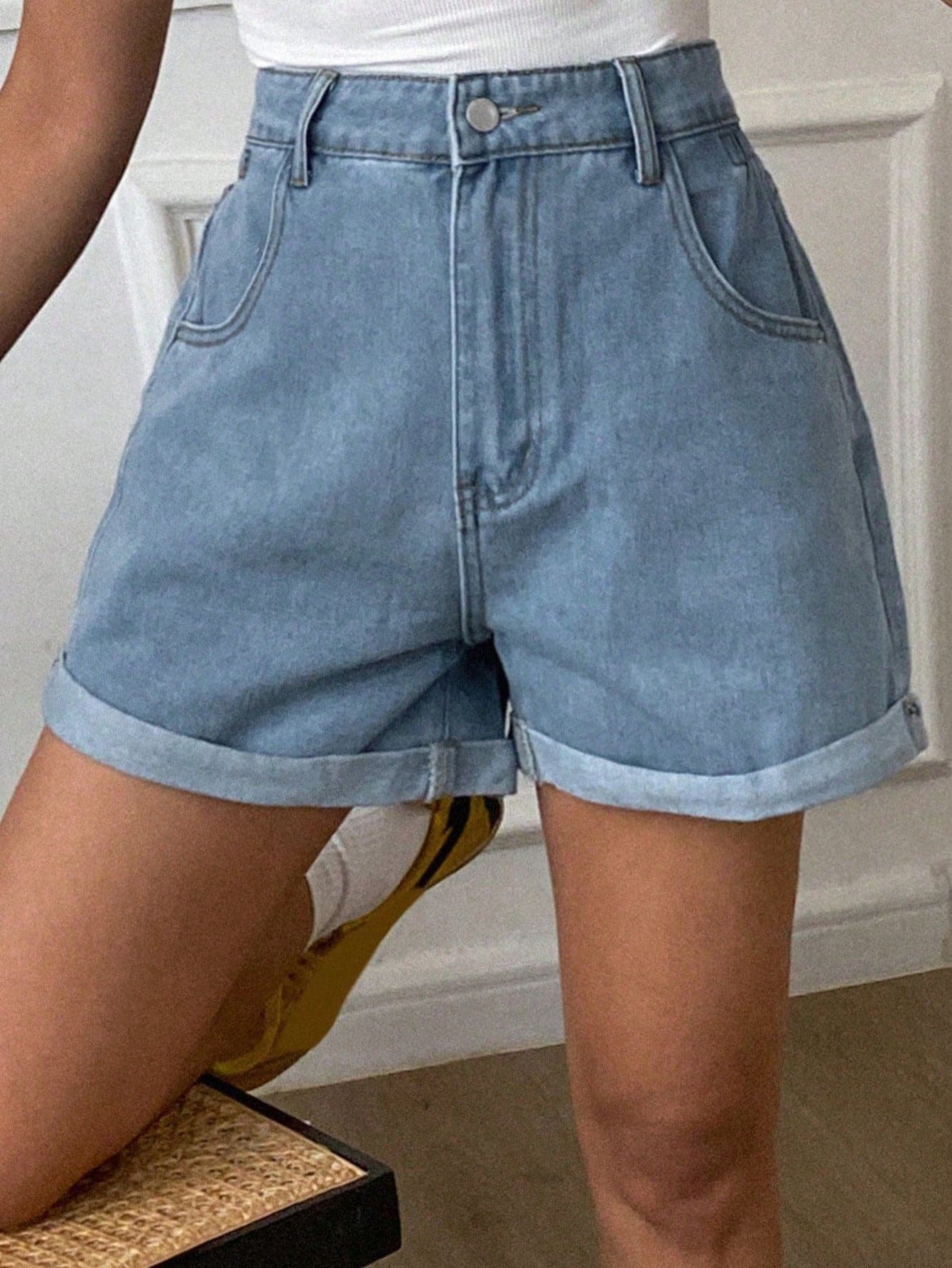 Livesso Plain Pocket Casual Loose Denim Shorts, Suitable For Summer Jorts