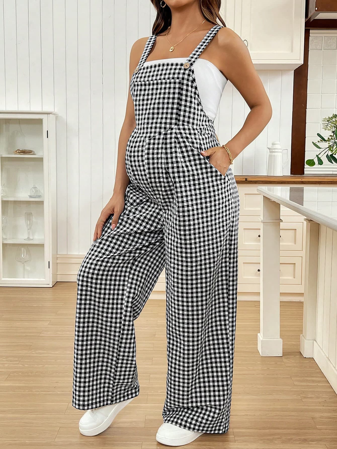 SHEIN Gasaul Vacation Plaid Wide Leg Maternity Bib Jumpsuit