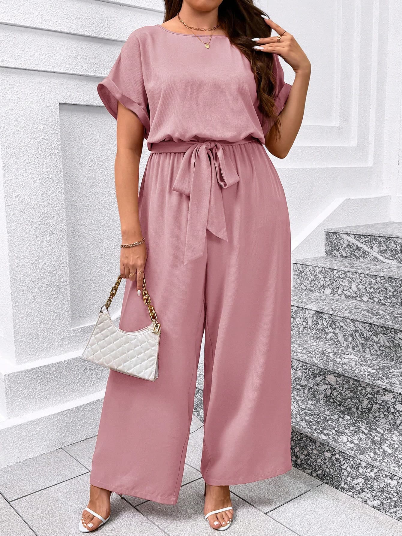 SHEIN Clasi Plus Size Elegant Round Neck Jumpsuit With Waist Belt And Wide Legs,Business Casual Woman