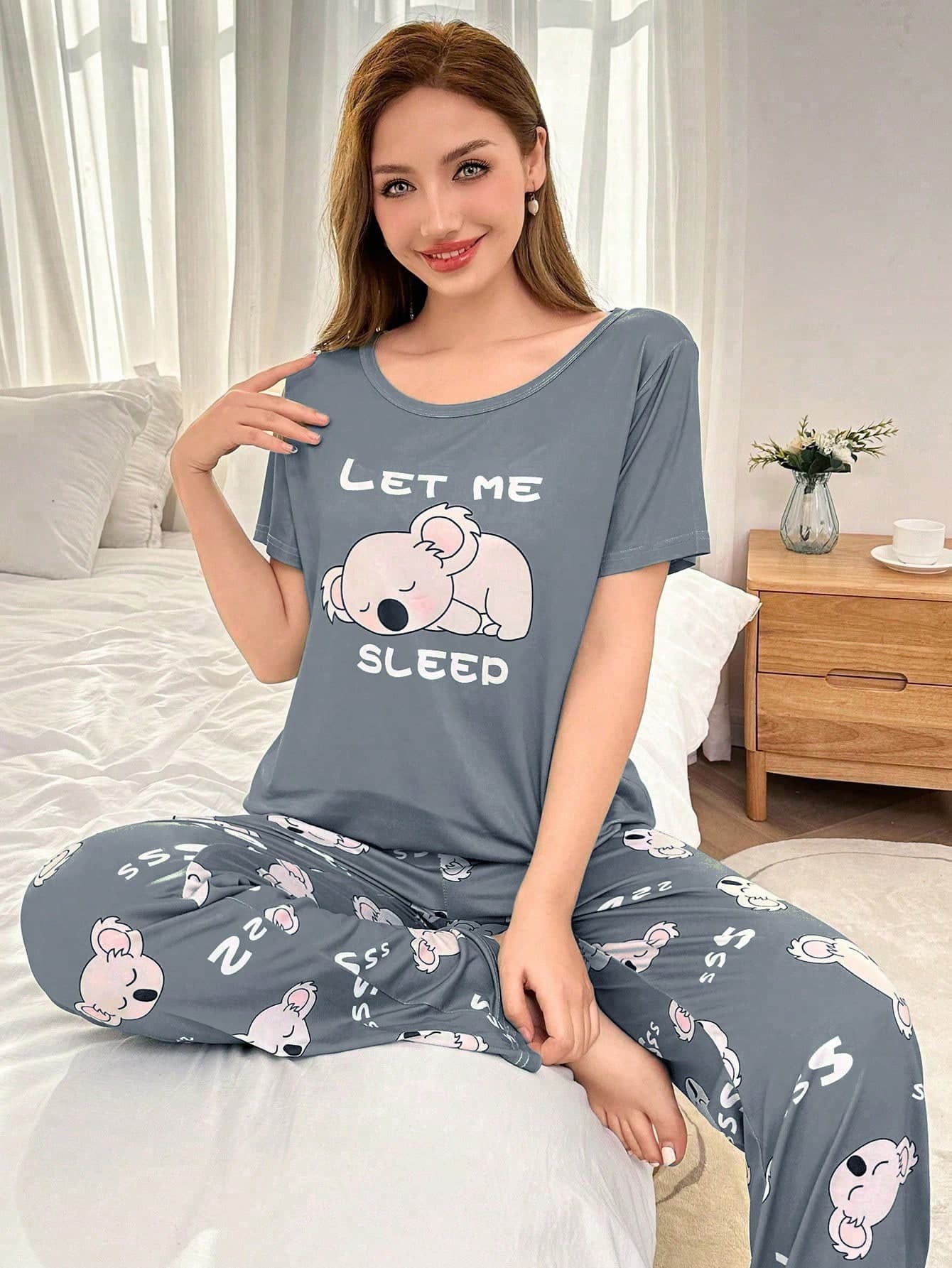 Dream Adore 2pcs Cute Koala Print Short Sleeve Pajama Set  Cozy And Elegant Details