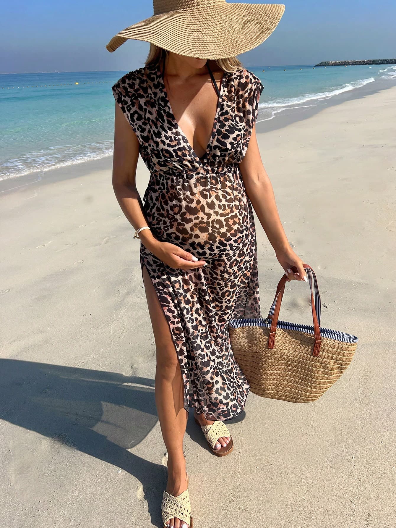 Swim Vcay Leopard Print Mesh Sheer Maternity Skirt, High-Waist For Summer Beach Vacation