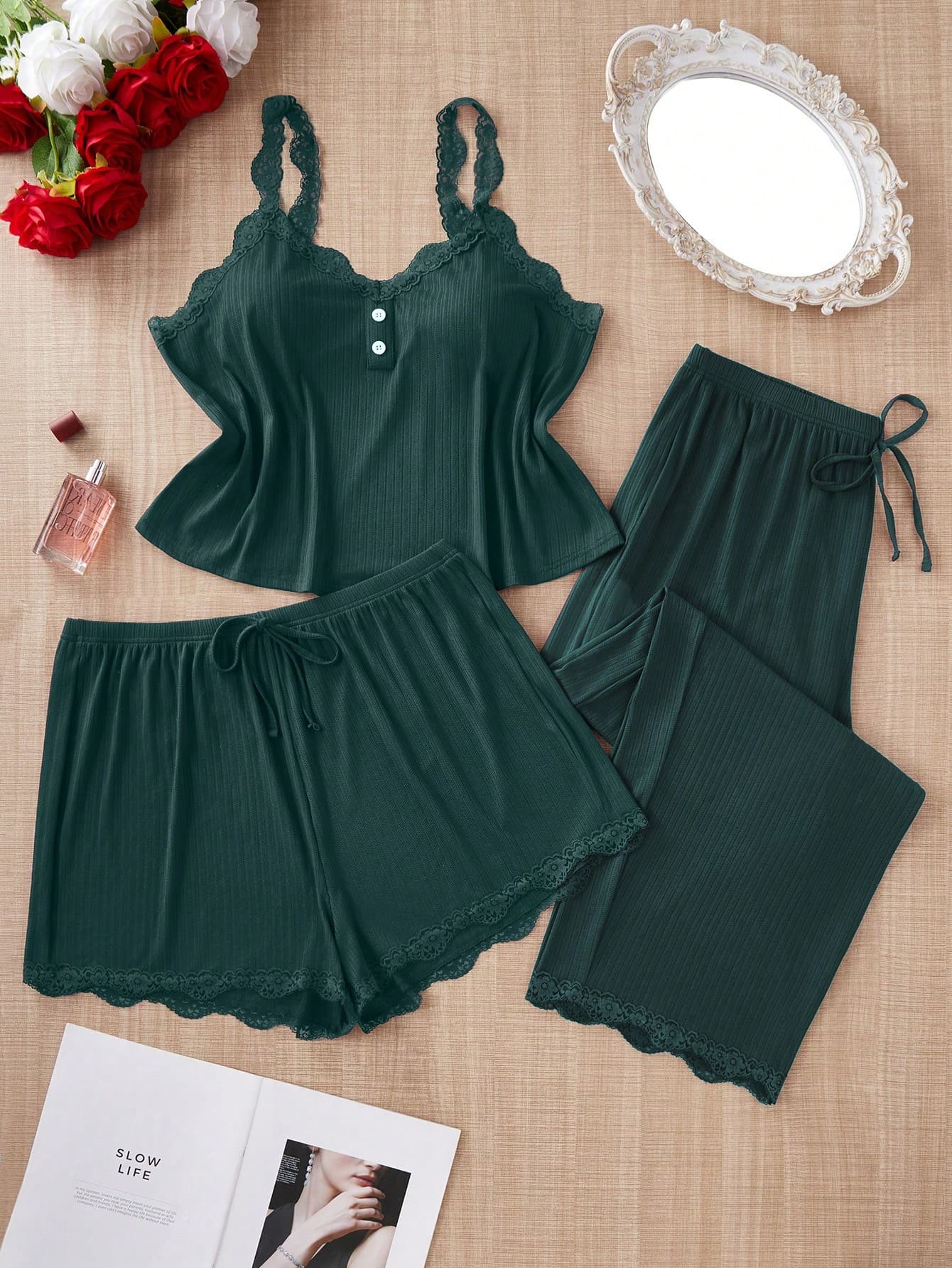 SHEIN Plus Size 3 Pieces Set Solid Color Lace Button Decor Camisole Top & Shorts & Pants Pajamas, Outfits