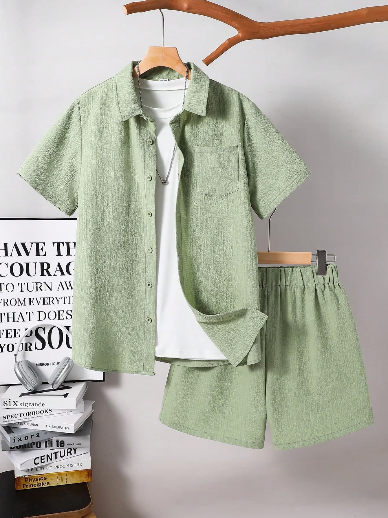 SHEIN 2pcs Teen Boys' Casual Comfortable Textured Knit Short Sleeve Shirt And Shorts Set, Spring Wear