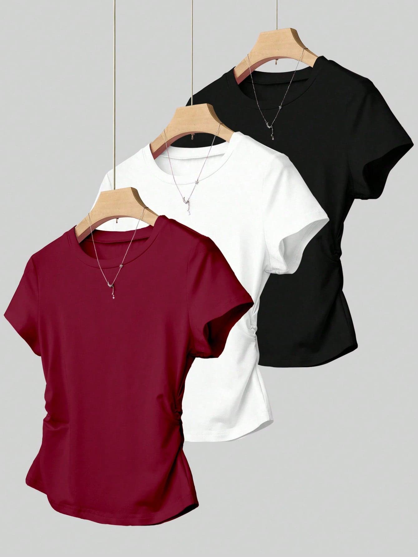 INAWLY 3pcs Pack Women Solid Color Simple Versatile Short Sleeve T-Shirts Tops, Suitable For Summer