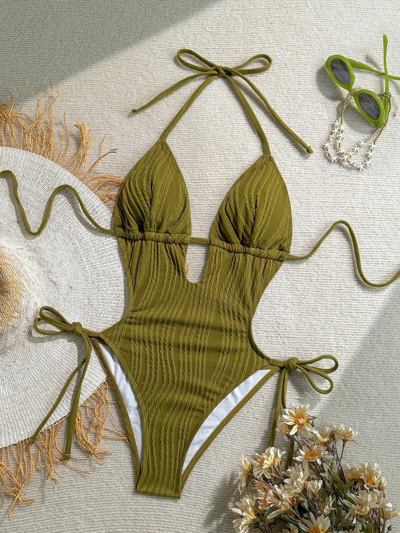 Soleia Olive Green Jacquard Texture V-Neck Backless Halter Beach One-Piece Swimsuit For Women Bathing Suits For Women