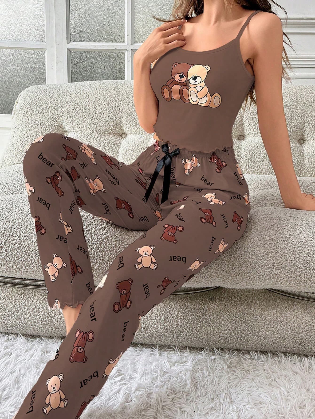 Women Cartoon Bear Camisole Top And Pants Pajama Set, Lounge Set