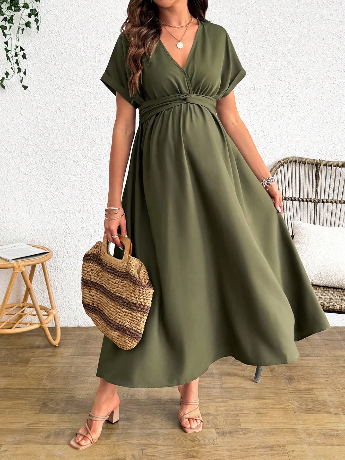Cheriluna Maternity Maternity V-Neck Twist Wrap Short Sleeve Solid Color Dress