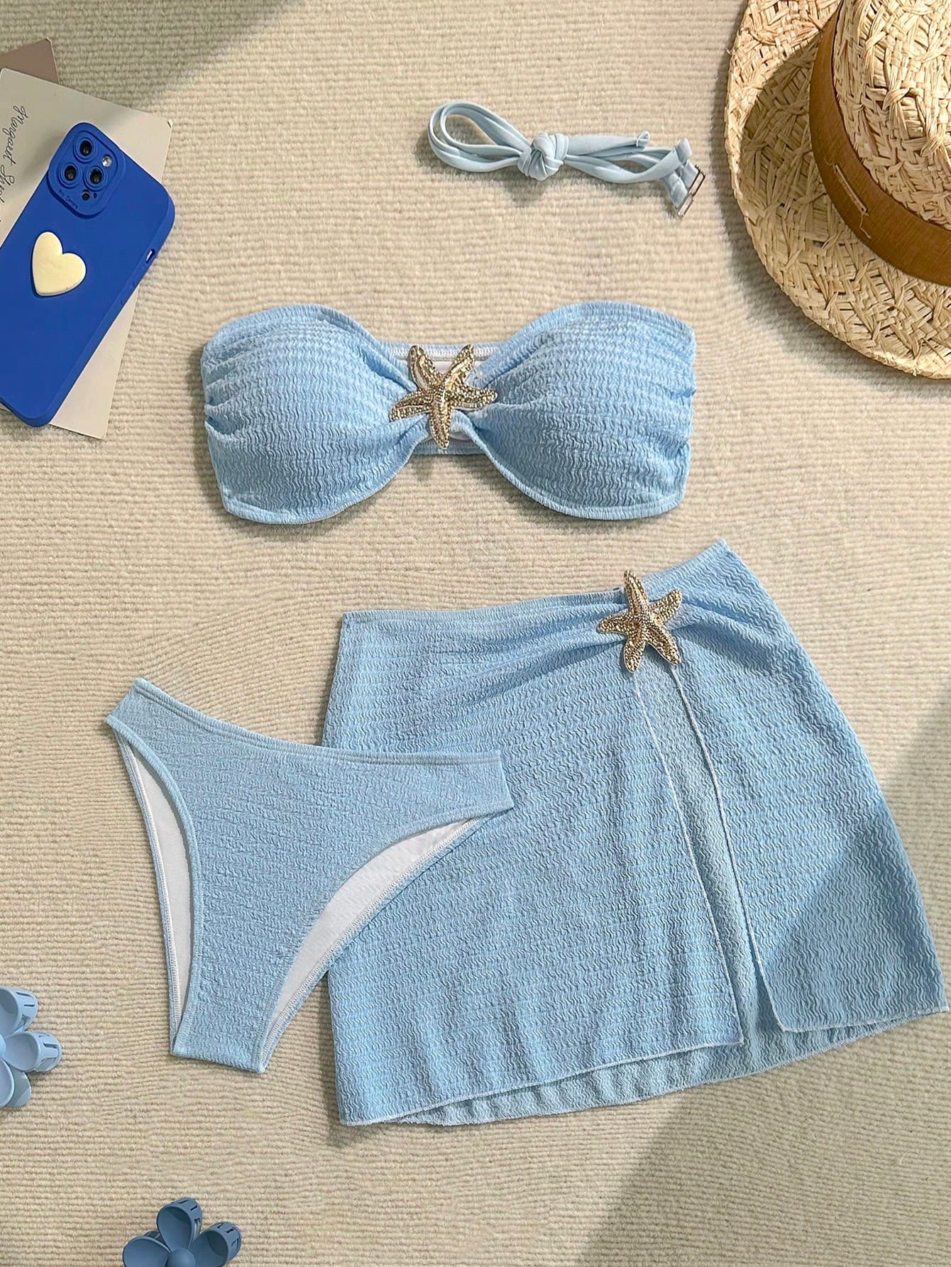 Soleia Holiday Outfits Summer Vacation Woman For Women Blue Bathing Suits Women's 3pcs Starfish Decor Textured Fabric Bandeau Bikini Sets Tube Top