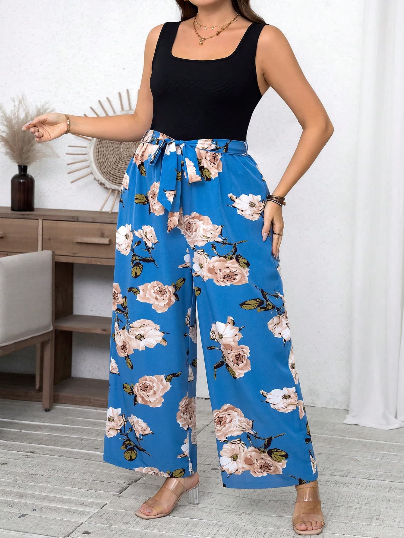 SHEIN LUNE Plus Size Floral Colorblock Tie Waist Jumpsuit,Blue Butterfly Summer Boho Vacation Holiday Rave Outfits Old Money Style Women Spring Beach Lounge Sets