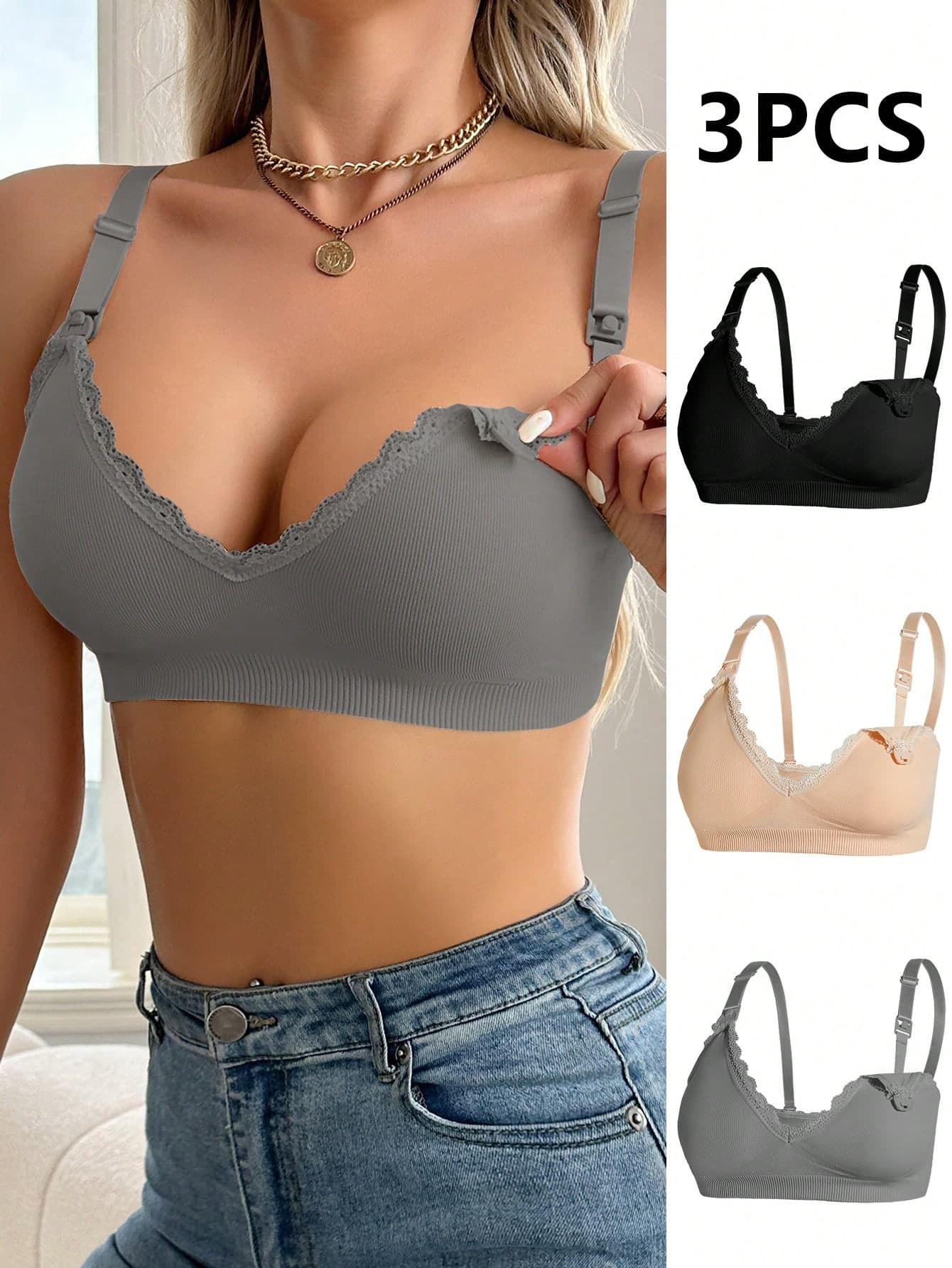 Moonlight&Mama 3pcs Seamless Maternity Solid Color Nursing Bras Set Maternity Padding Maternity
