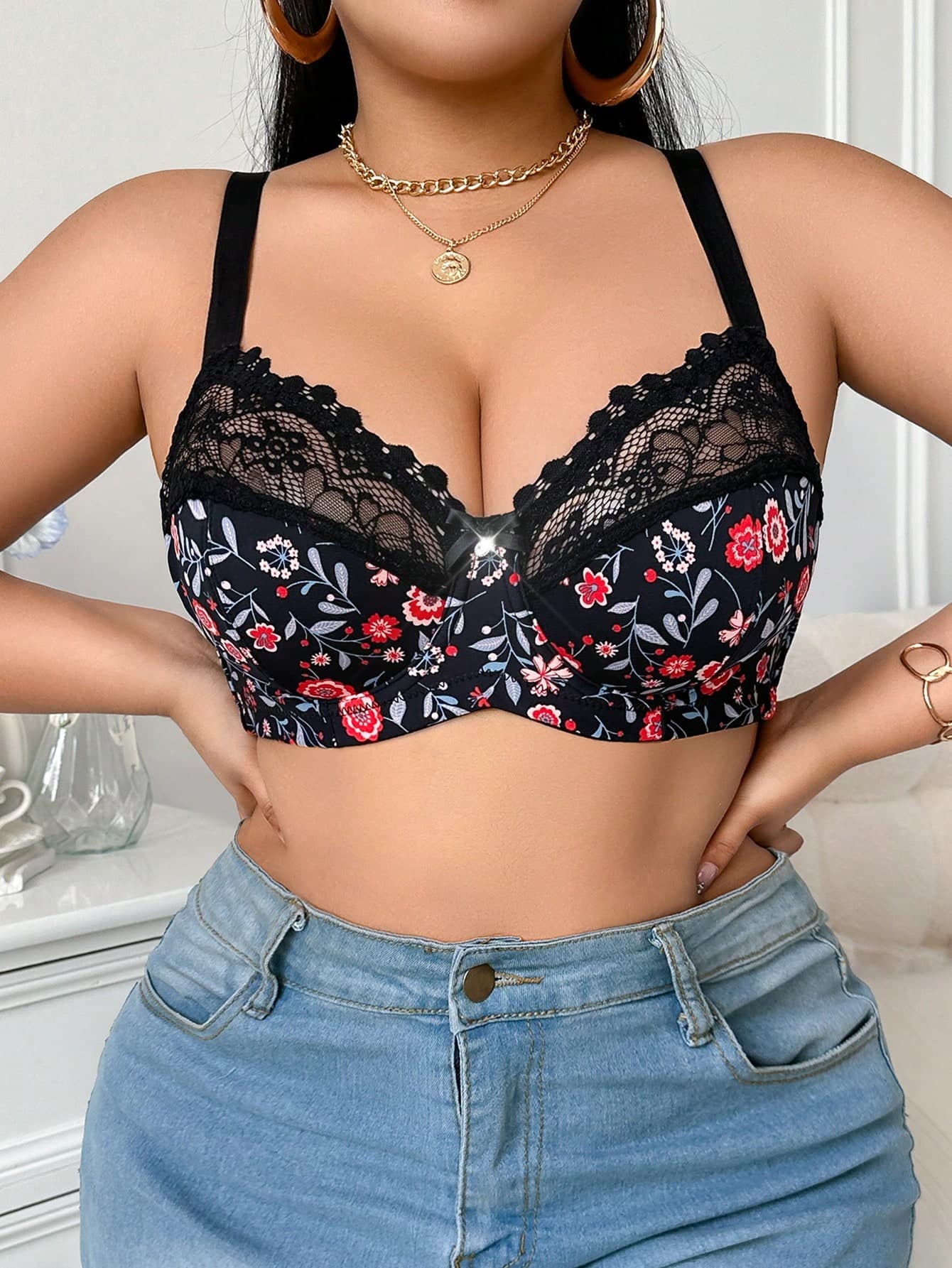 DesireSculpt 1pc Plus Size Lace Patchwork Underwire Bra, Lift