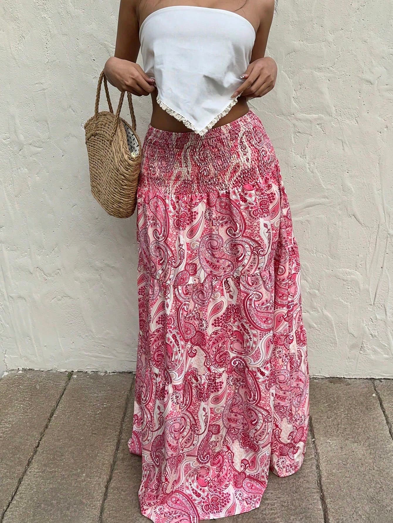 Sunnyshic Tall Women's Boho Printed Long Shirred Skirt, Casual Holiday & Daily Wear, Spring/Summer, Tall Women