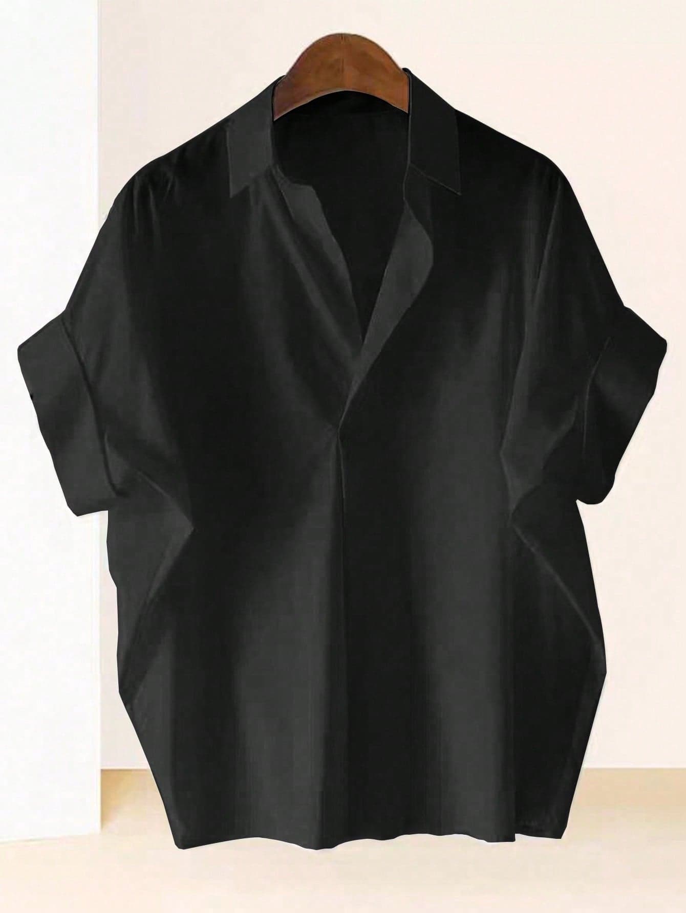 Franclia Fashionable High-End French Design Loose Batwing Sleeve Lapel Collar Women Shirt, Black Blouse