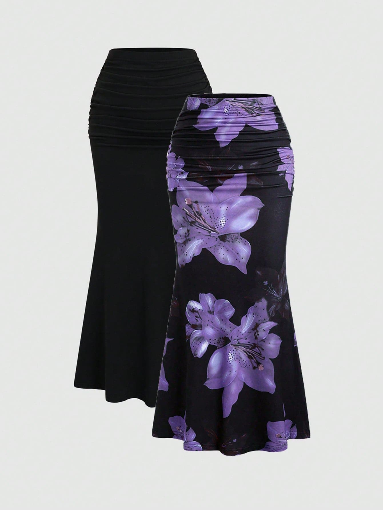 SHEIN Unity 2pcs Women Elegant Party, Solid Color Fishtail Skirt And Floral Print Skirt Set Fall Cloth For Women
