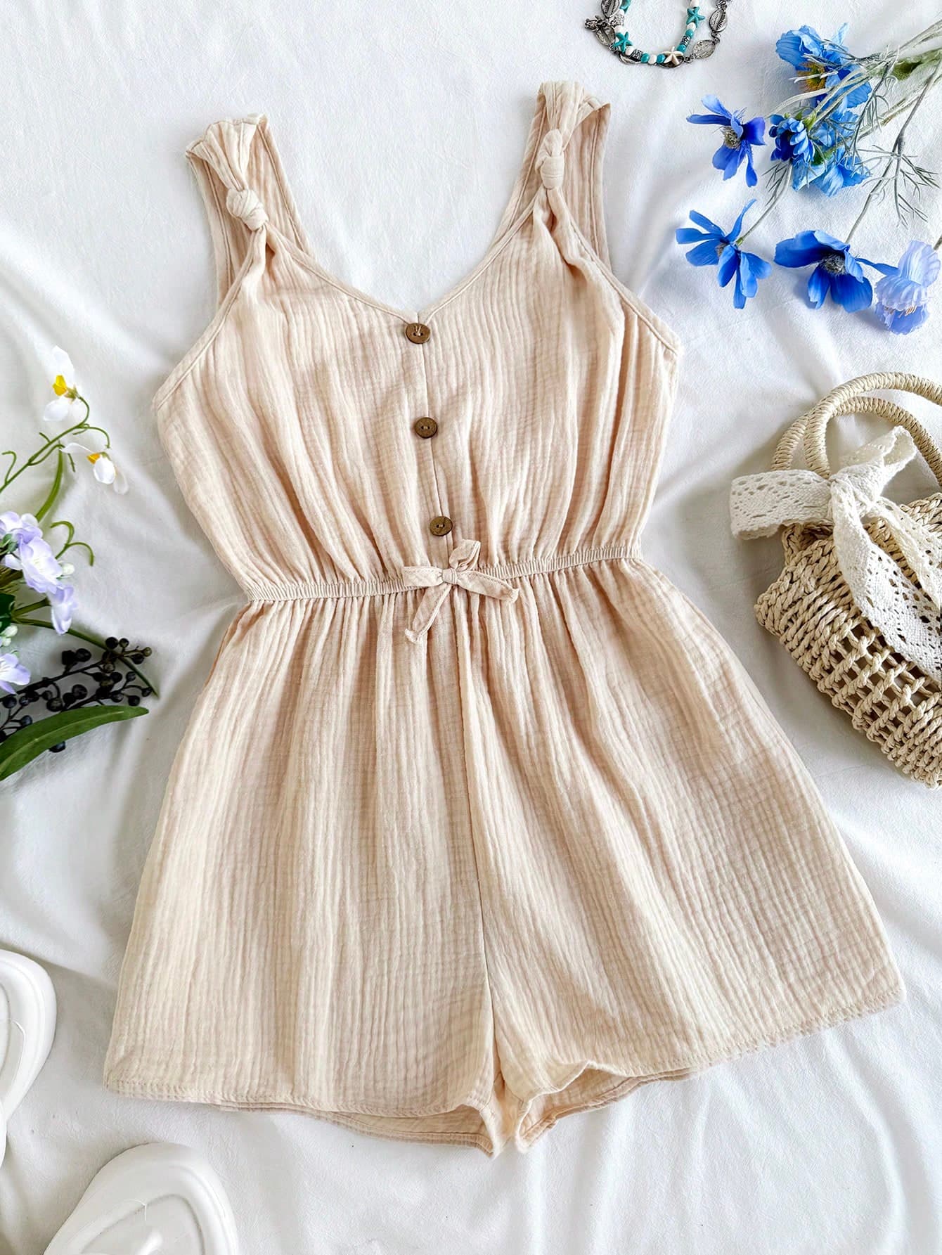 Tween Girls Linen Blend Loose Comfy Camisole Jumpsuit, Suitable For Vacation, Beach, Outing