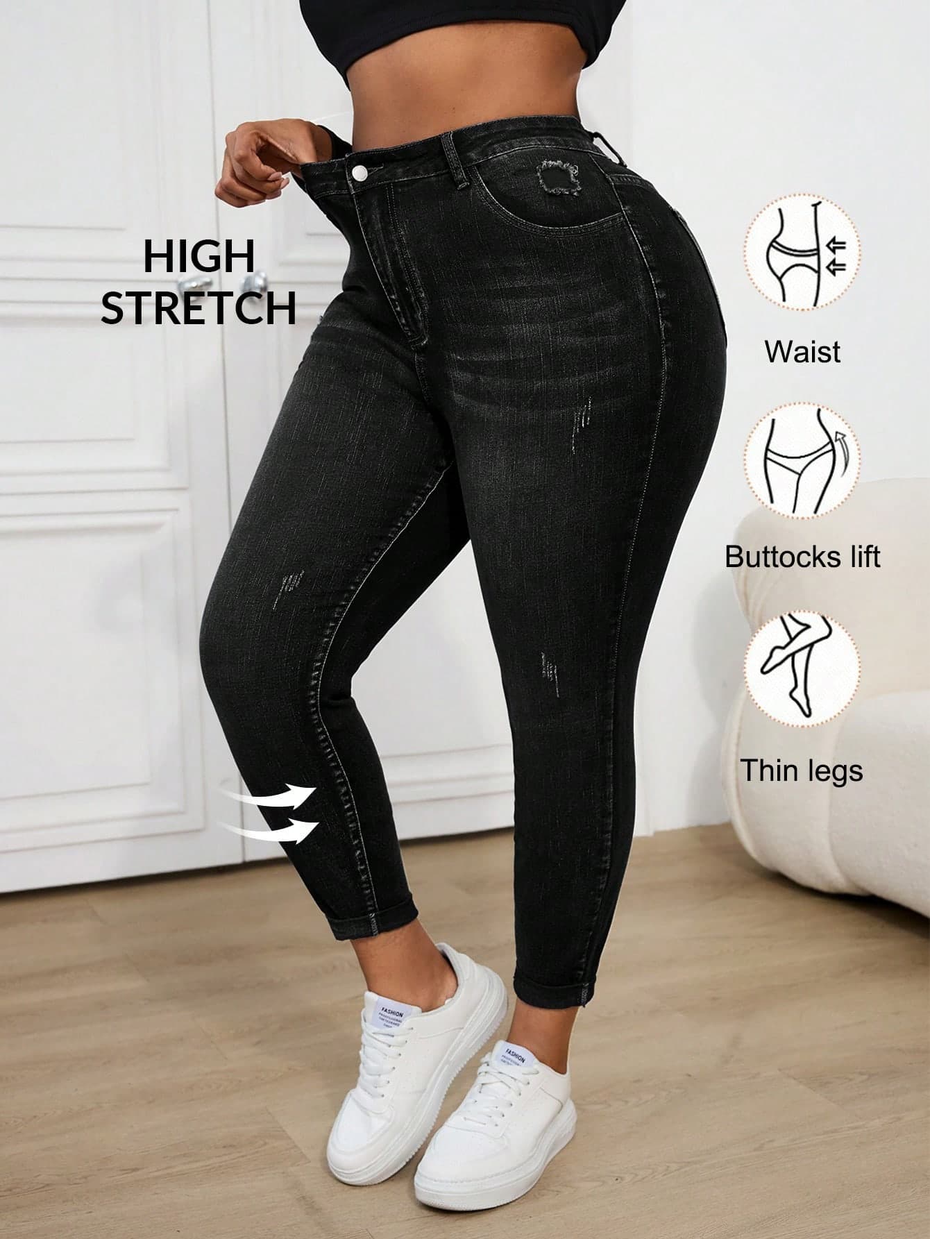 SHEIN ICON Plus Size Distressed Blue Denim Jeans, Casual Skinny Stretch Pants