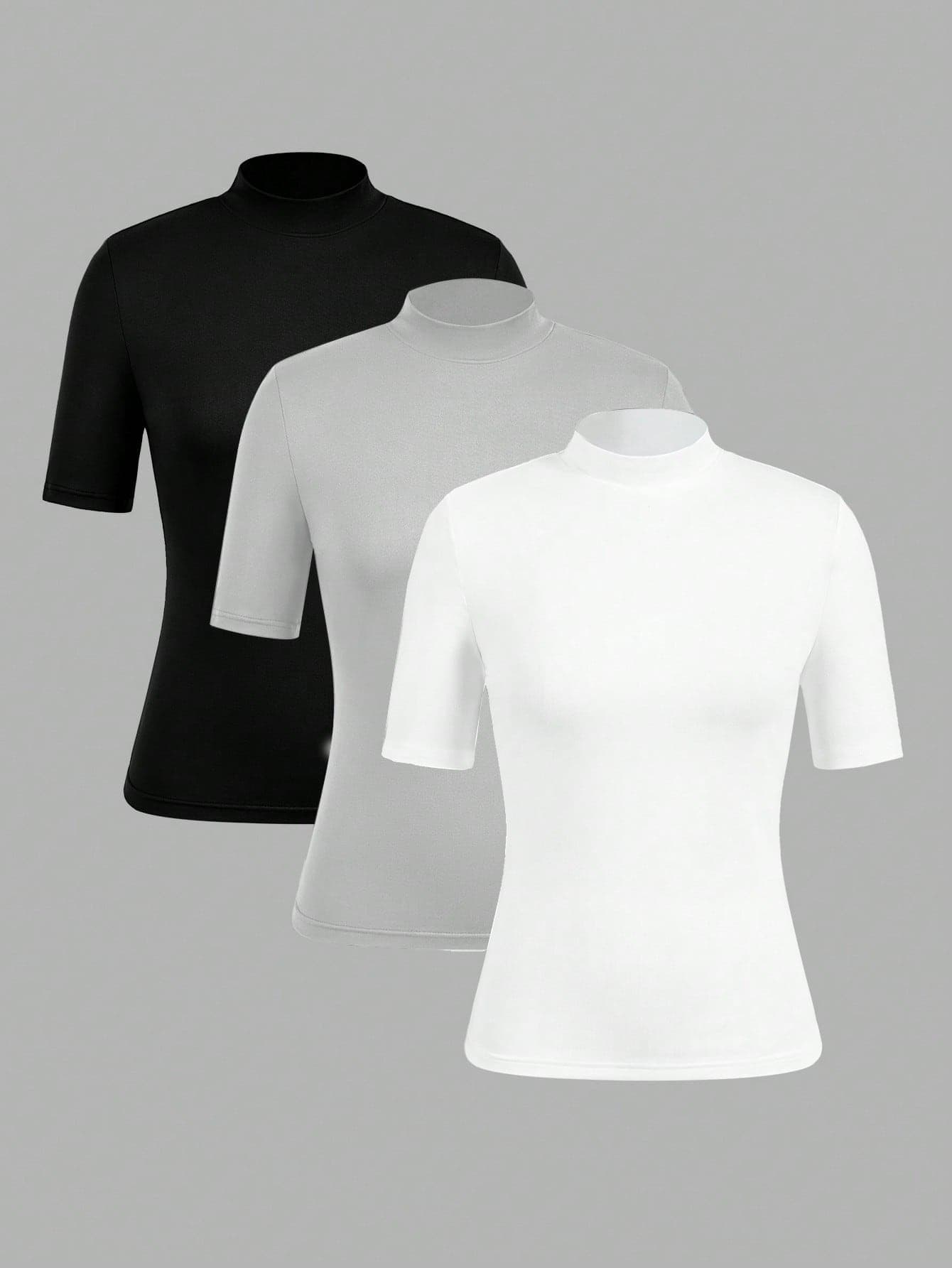 SHEIN EZwear 3pcs Women Casual Minimalist Short Sleeve High Collar Undershirt Set Suitable For Going Out