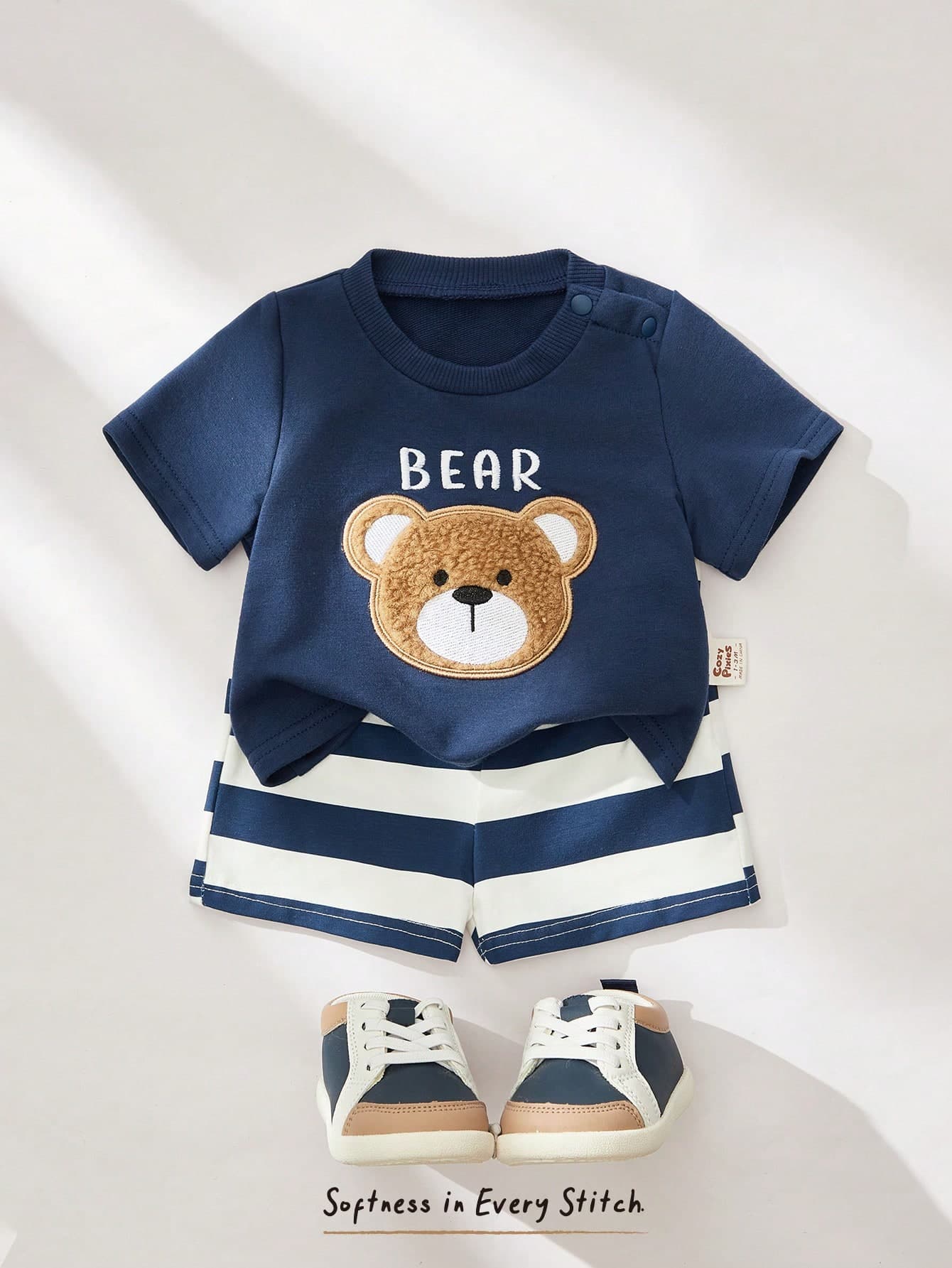 Cozy Pixies Newborn Baby Boy/Girl 2Pcs Set: Soft Knitted Bear Pattern Crew Neck Short Sleeve Top And Elastic Waist Shorts