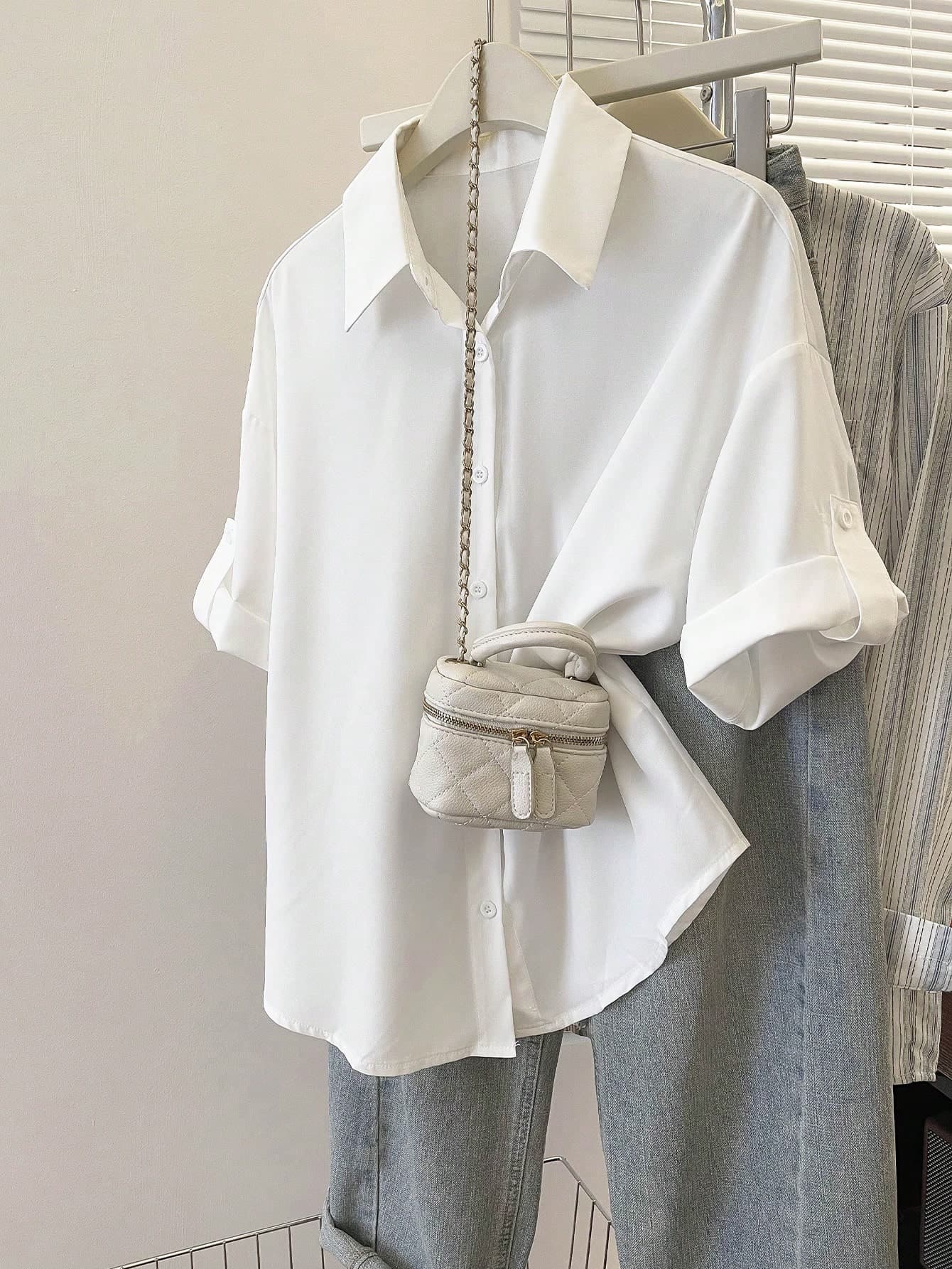 Resyla Women's Solid Color Button-Front Casual Short Sleeve Shirt, Summer