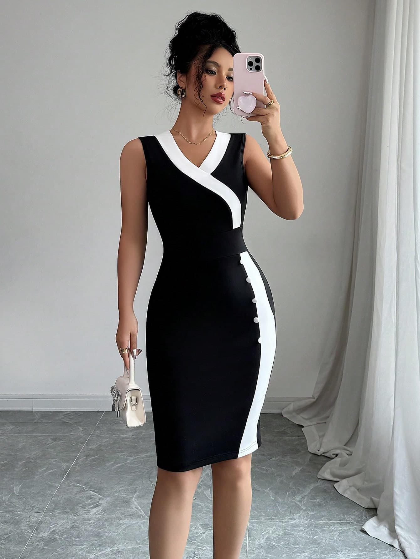 Elenzga Women's Elegant Contrast Color Splice Side Button Sleeveless Bodycon Dress, Summer