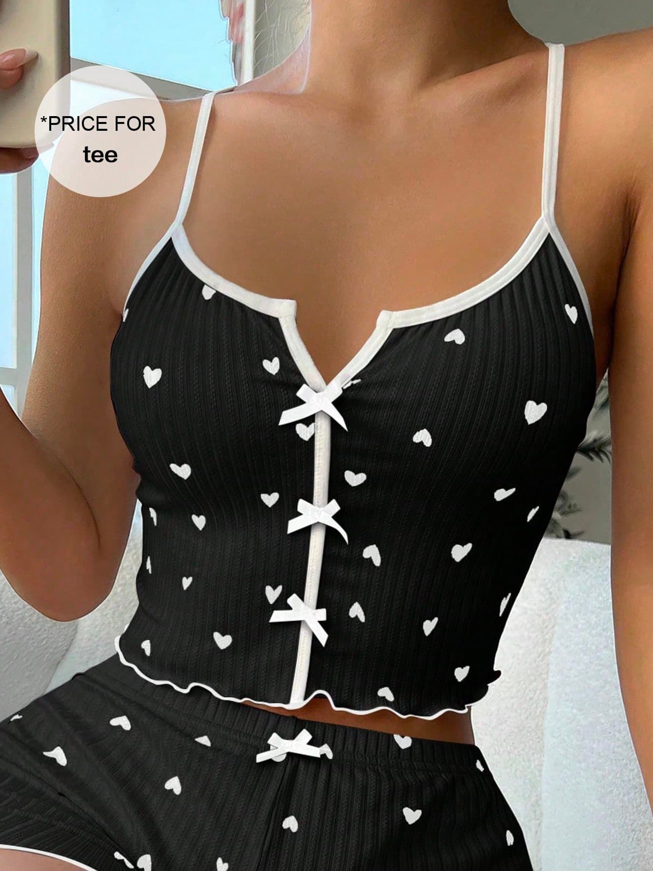 Softscene Women's Heart Print Bow Strap Sleepwear Top Holiday Season
