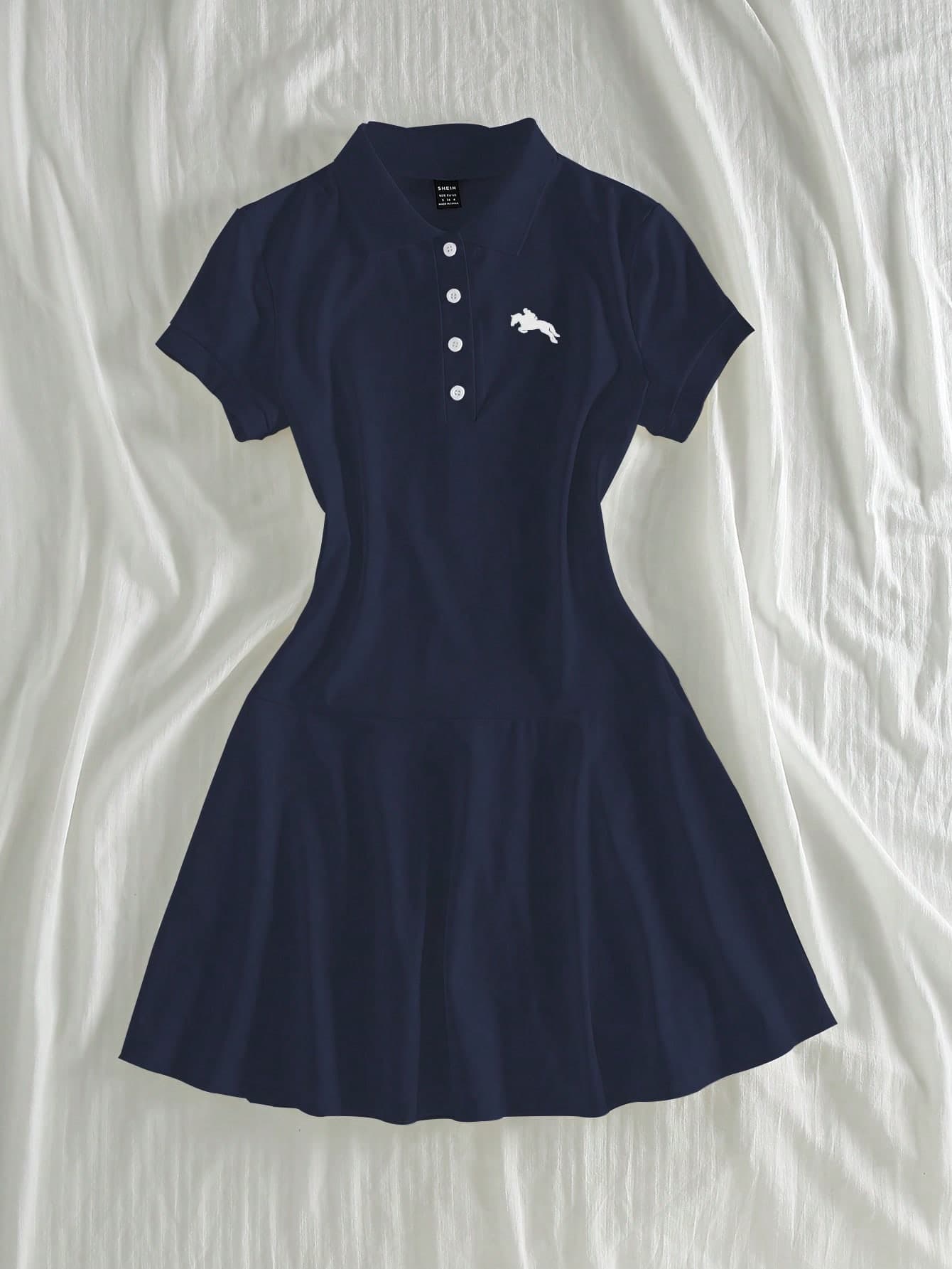Elamini Polo Collar Casual Women's Equestrian Print Short Sleeve Dress