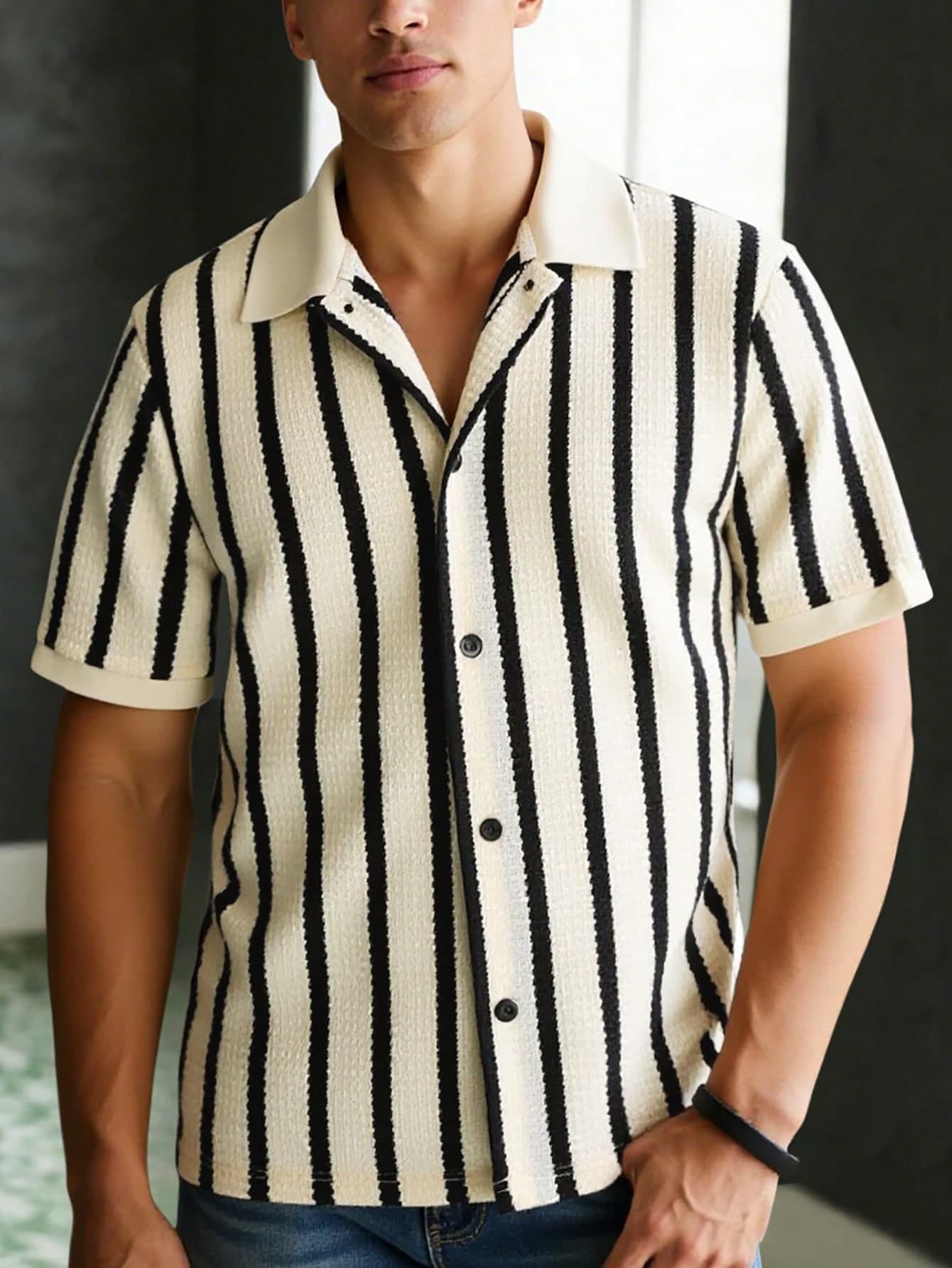 SHEIN Striped Crochet Teen Boys' Casual Shirt, Comfortable, Fashionable & Versatile For Beach Vacation, School, Daily Wear, And Spring/Summer