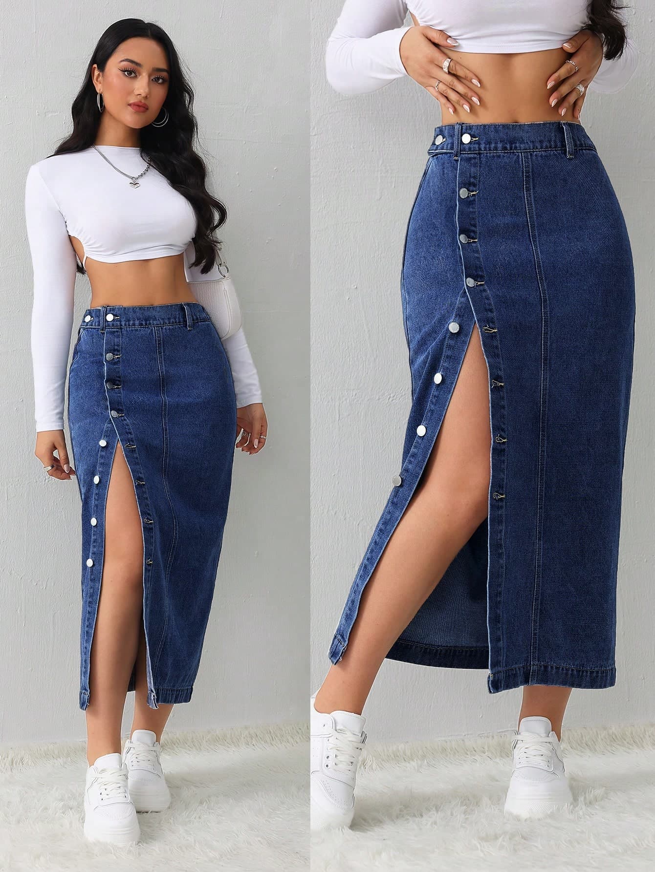 SHEIN Tall Women's Denim Skirt Casual Loose Side Slit Blue Midi Skirt Tall Women's Skirt Light Blue Skirt Blue Skirt Winter Women Clothes