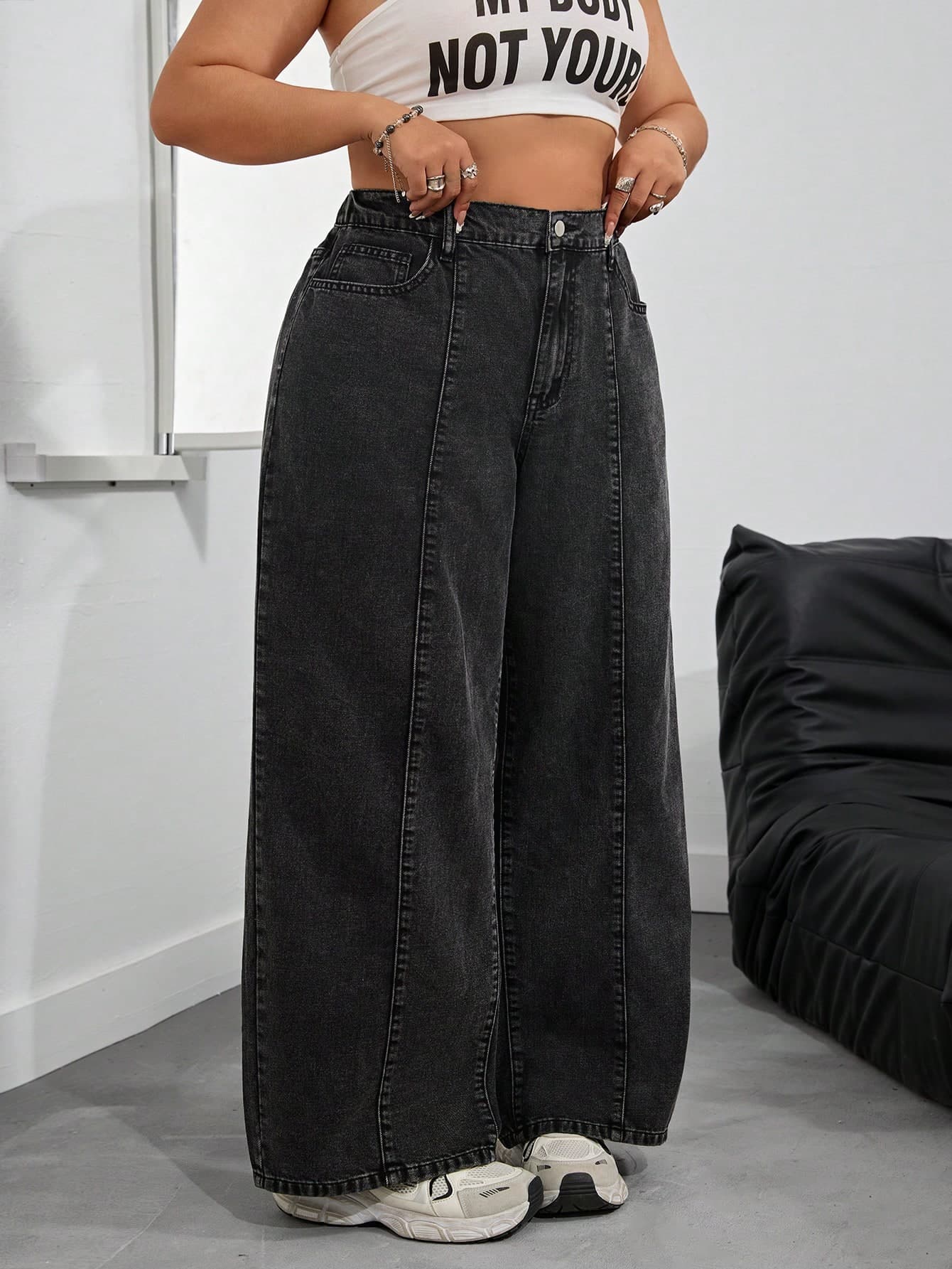 SHEIN PETITE CURVE Plus Size Casual Washed High Waist Wide-Leg Jeans