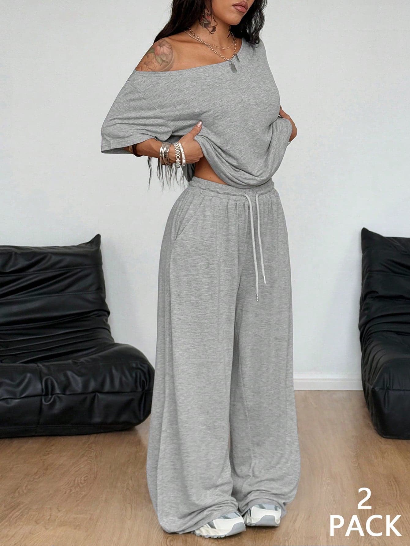 Coolane Women's Summer Minimalist Streetwear Basic Daily Wear Going Out Sport Comfortable Off Shoulder T-Shirt And Wide Leg Sweatpants Two Pieces Outfits